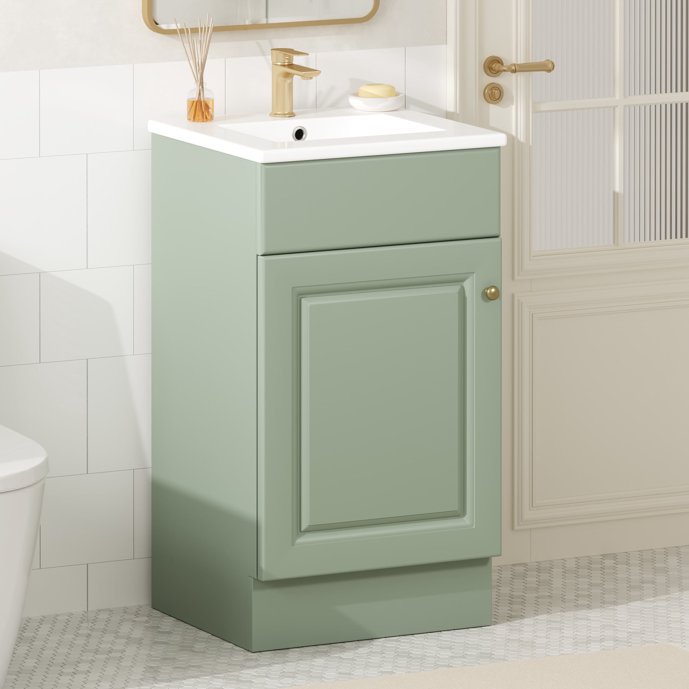 Christopher Knight Home Modern 18" Bathroom Vanity Cabinet with Ceramic Sink, Soft-Close Door, and Adjustable Storage, Light Green