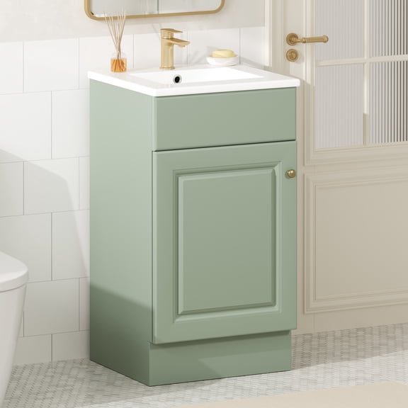 Christopher Knight Home Modern 18" Bathroom Vanity Cabinet with Ceramic Sink, Soft-Close Door, and Adjustable Storage, Light Green