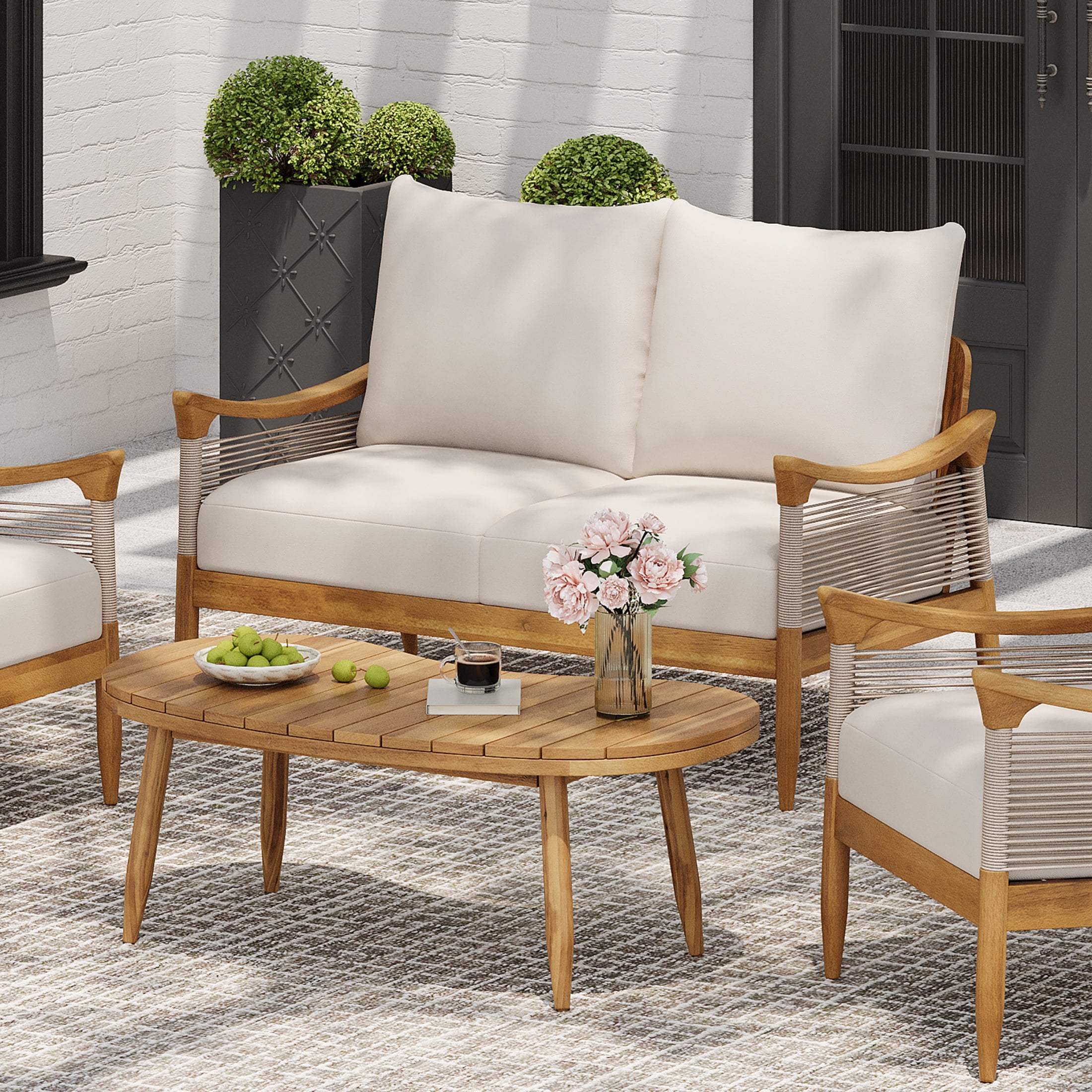 Christopher Knight Home Modern 2 Piece Patio Loveseat Coffee Table Set with Cushion, Solid Wood, Teak+ Beige