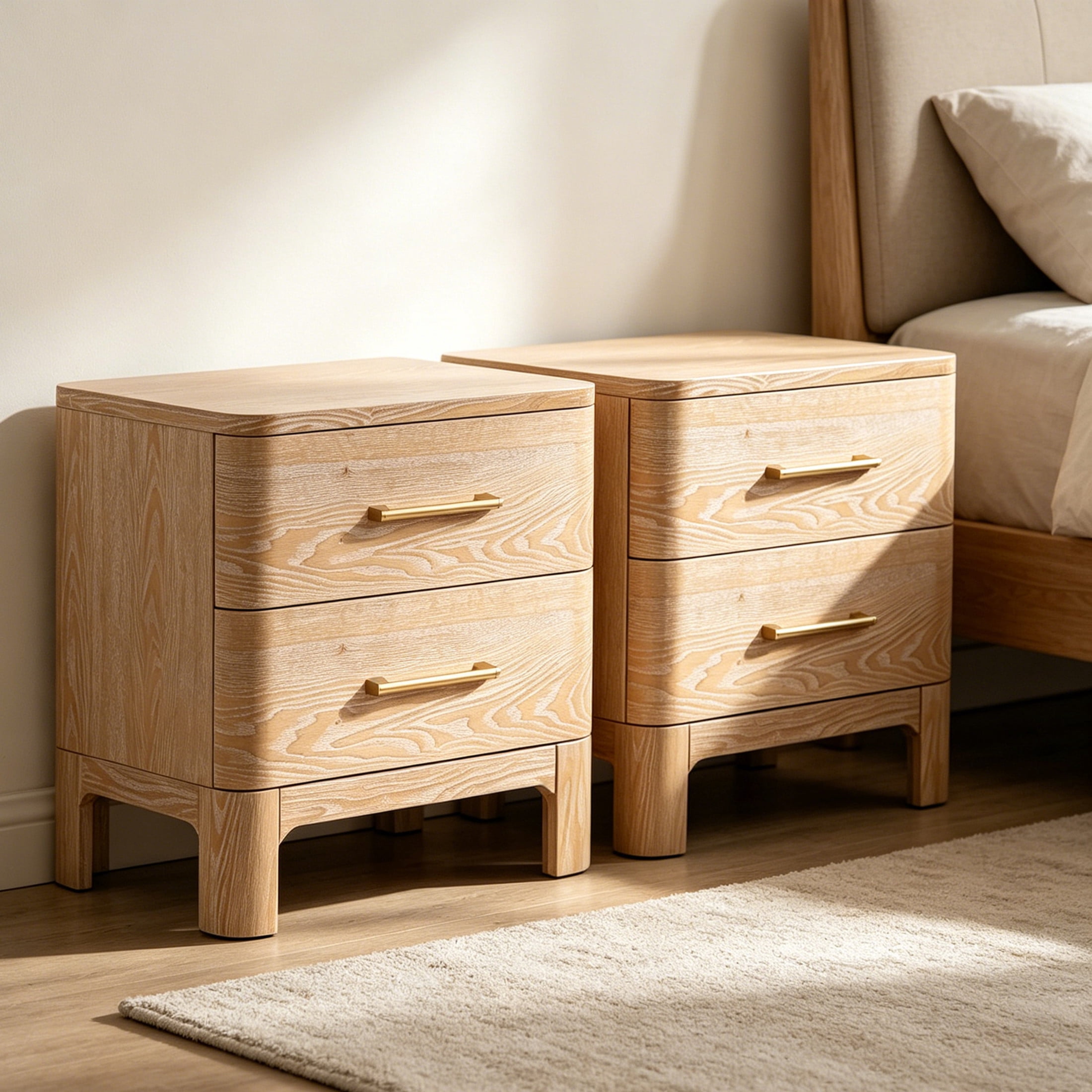 Christopher Knight Home Modern 23.6" Nightstand with Gold Handles, 2-Drawer Bedside Table, Washed Oak, Set of 2
