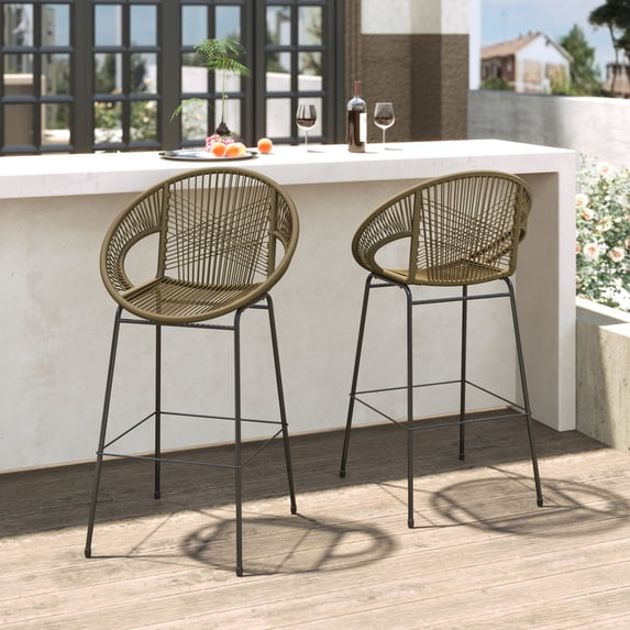Christopher Knight Home Modern 28.5" Outdoor Faux Wicker Bar Stools, Metal Frame, Green, Set of 2