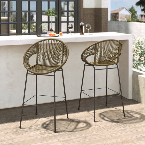 Christopher Knight Home Modern 28.5" Outdoor Faux Wicker Bar Stools, Metal Frame, Green, Set of 2