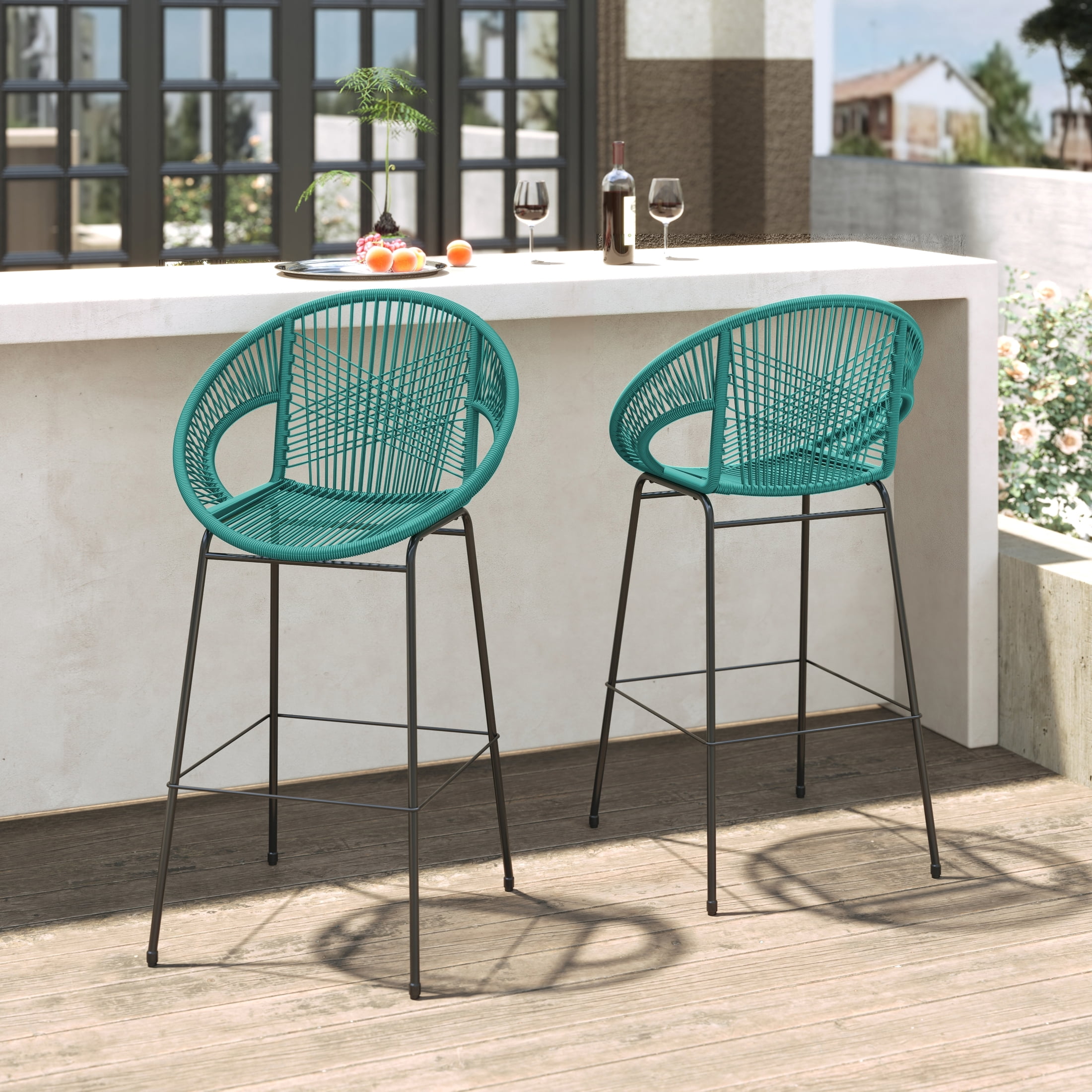 Christopher Knight Home Modern 28.5" Outdoor Faux Wicker Bar Stools, Metal Frame, Teal, Set of 2