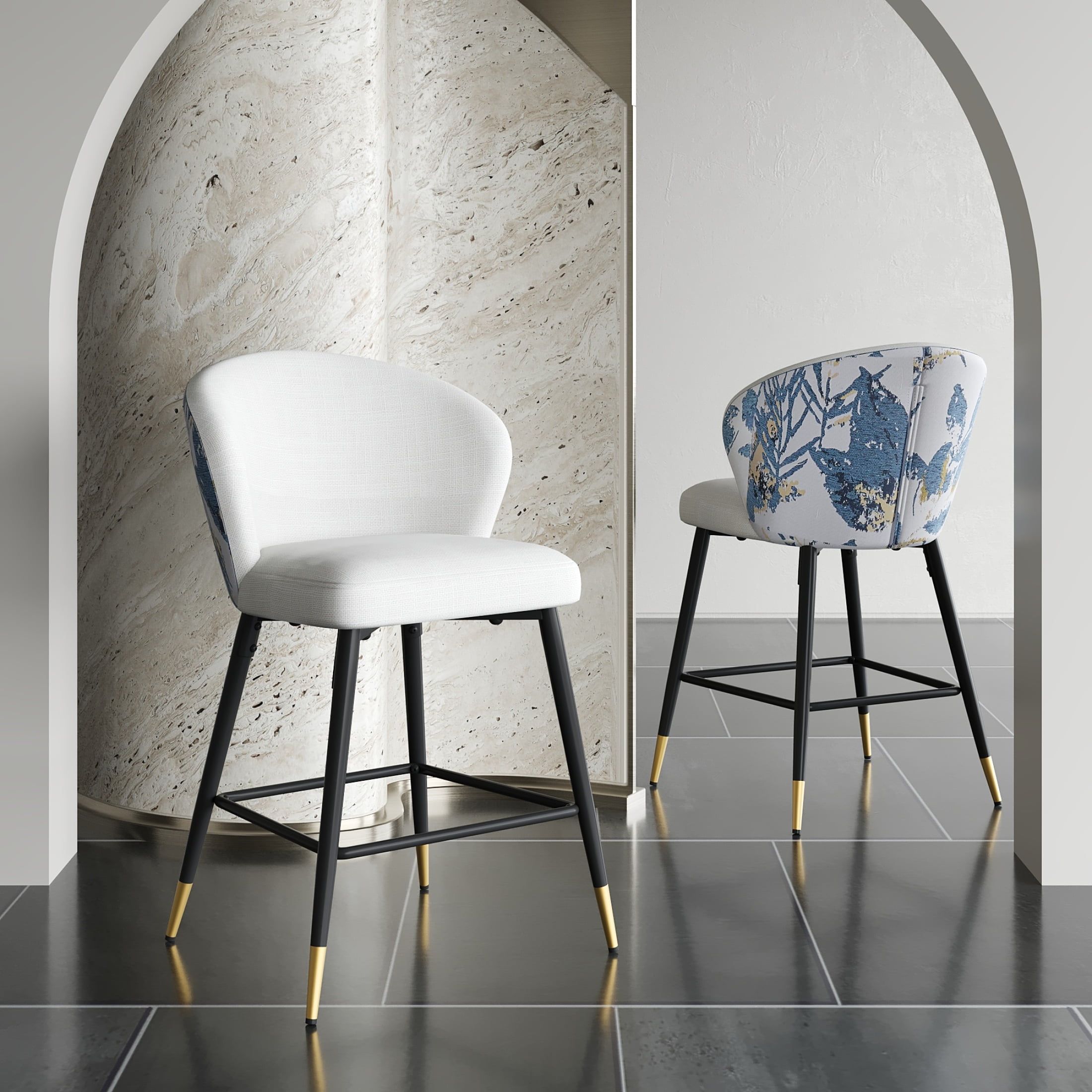Christopher Knight Home Modern 28"H Counter Height Bar Stools, Jacquard Upholstery, Metal Frame, White, Set of 2