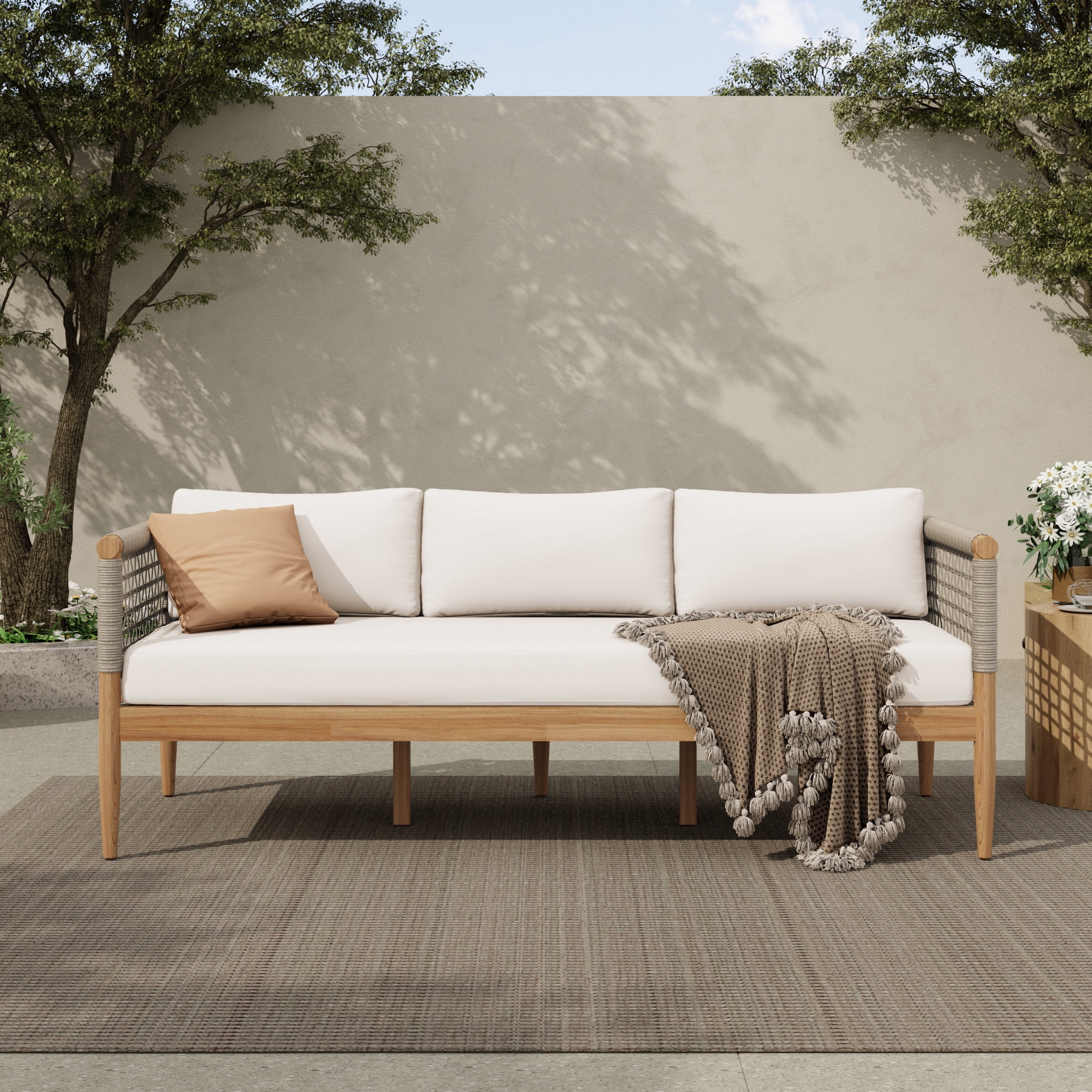 Christopher Knight Home Modern 3-Seater Outdoor Sofa, Patio Bench with Rope Woven Arms, Beige Cushions