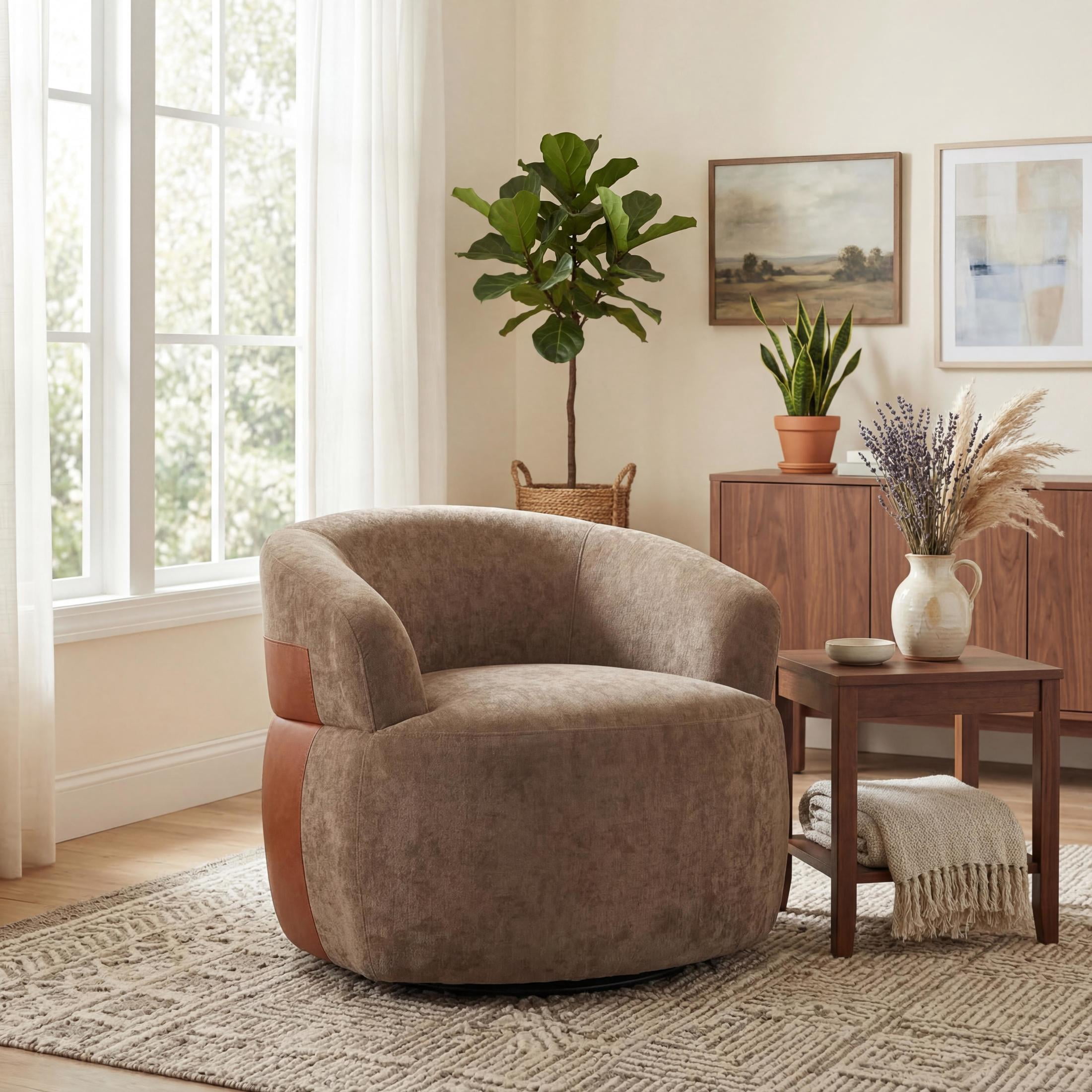 Christopher Knight Home Modern 360° Swivel Barrel Accent Chair, Polyester Fabric with Leather Accent, Brown
