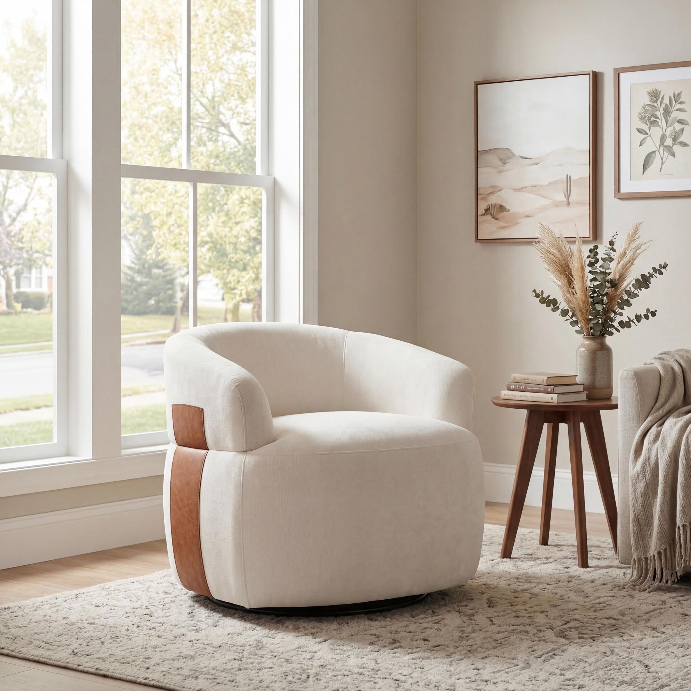 Christopher Knight Home Modern 360° Swivel Barrel Accent Chair, Polyester Fabric with Leather Accent, White