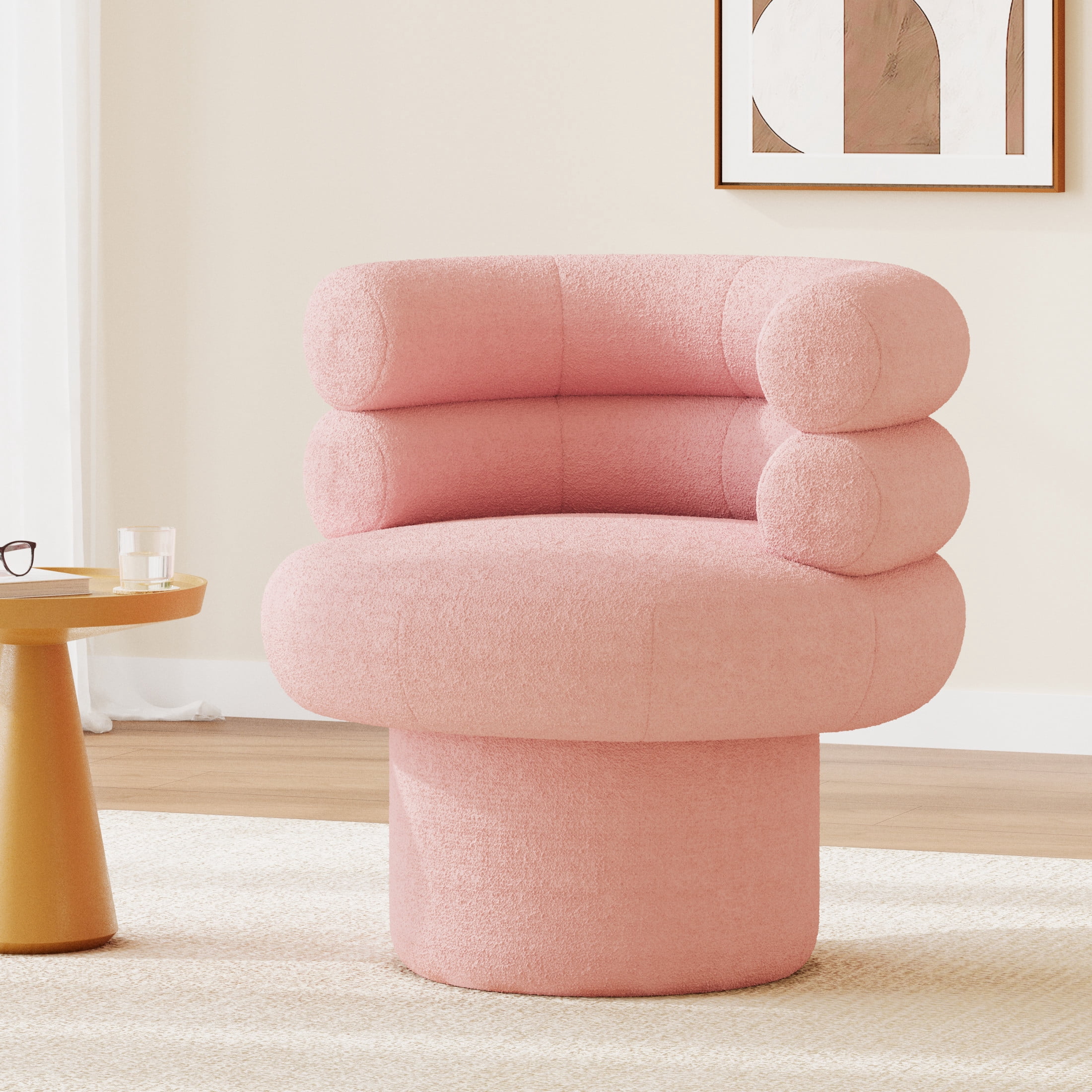 Christopher Knight Home Modern 360° Swivel Barrel Accent Chair, Teddy Upholstered Round Vanity Chair, Pink