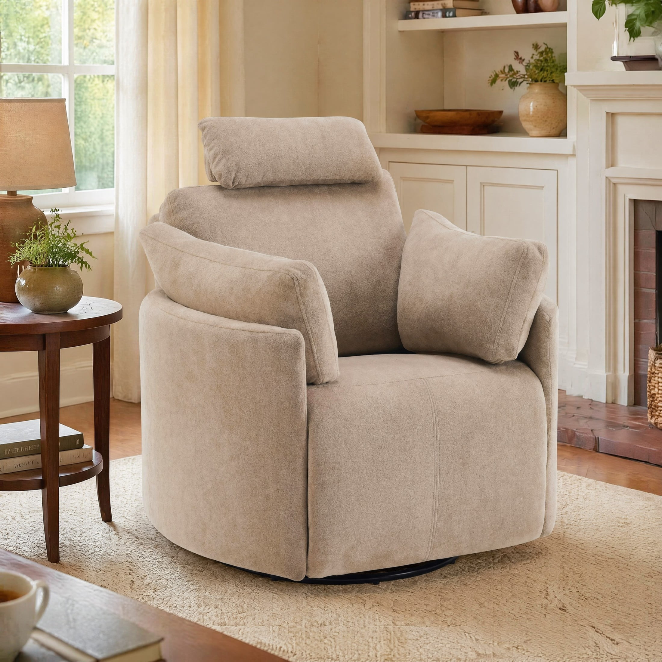 Christopher Knight Home Modern 360° Swivel Glider Recliner Chair with Adjustable Headrest and Pillows, Almond