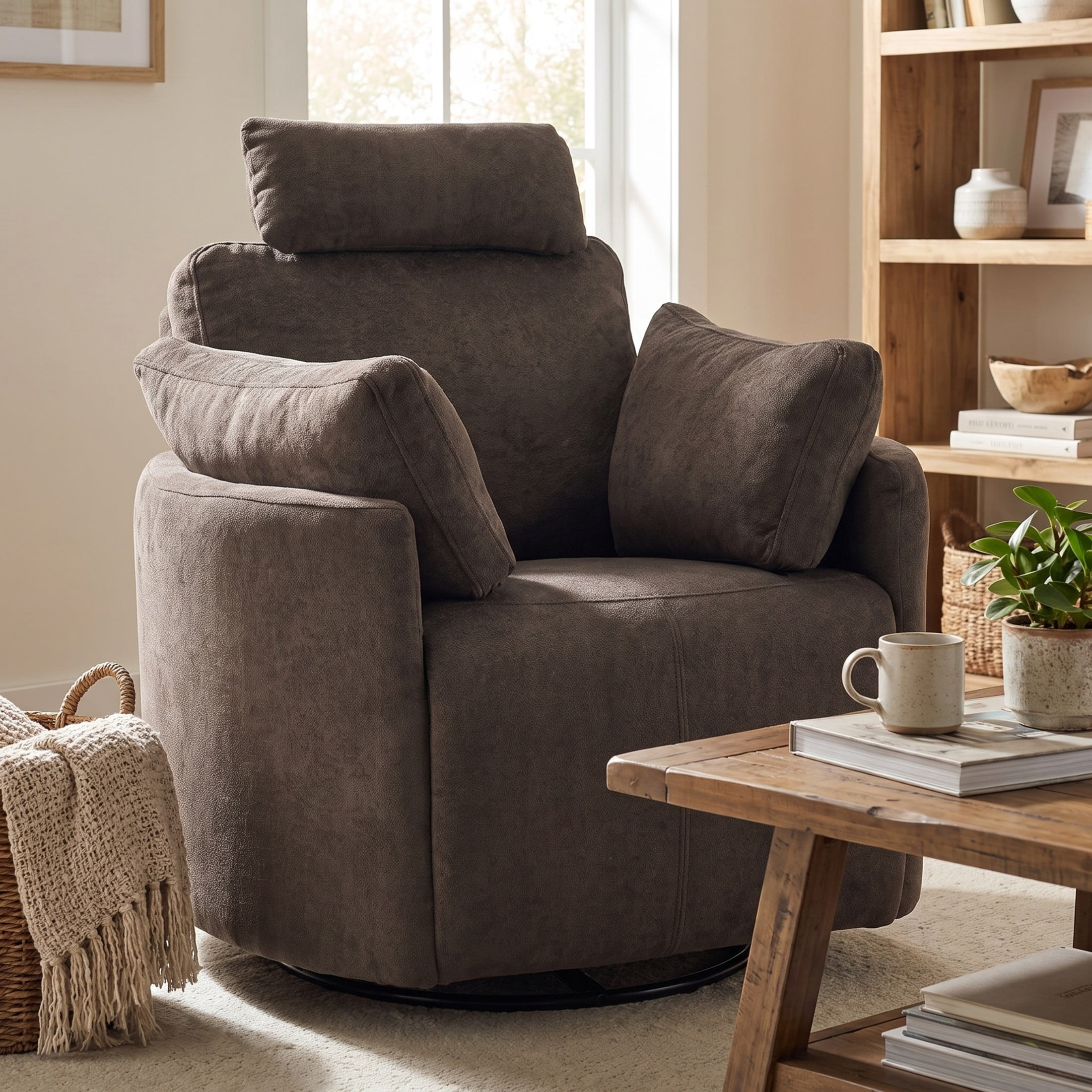 Christopher Knight Home Modern 360° Swivel Glider Recliner Chair with Adjustable Headrest and Pillows, Brown