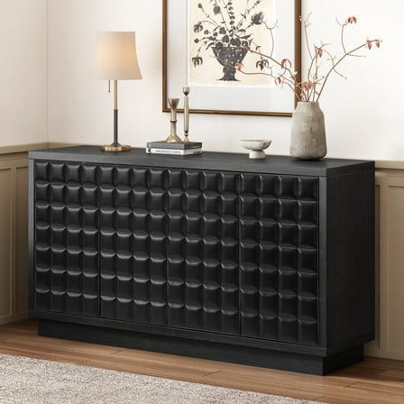 Christopher Knight Home Modern 4-Door Storage Cabinet with 3D Geometric Doors & Metal Trim, Wood Frame, Black