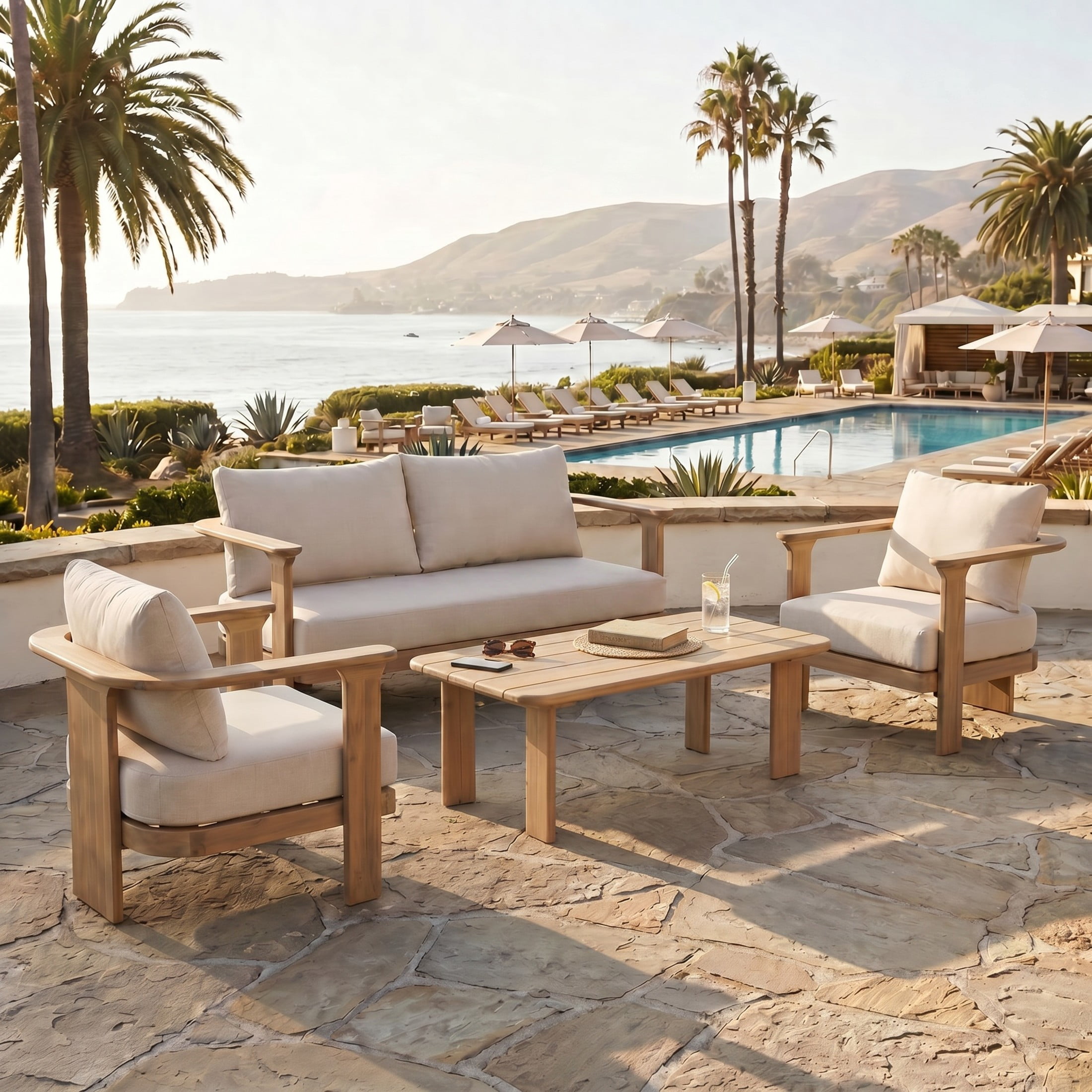 Christopher Knight Home Modern 4-Piece Wood Patio Conversation Set with Coffee Table, Brown+Beige