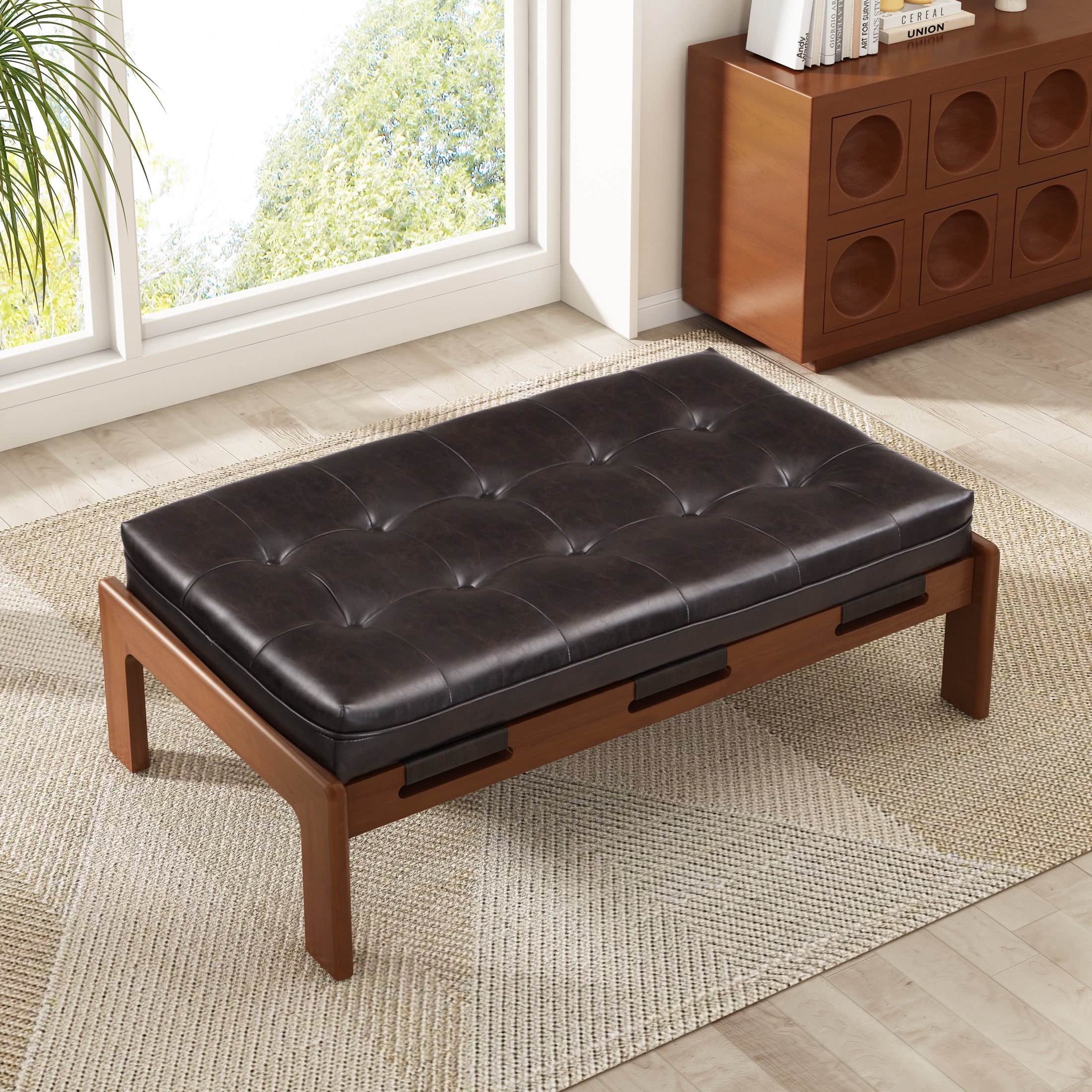 Christopher Knight Home Modern 48.4" Ottoman Bench, PU Leather Button-Tufted Cocktail Ottoman, Dark Brown