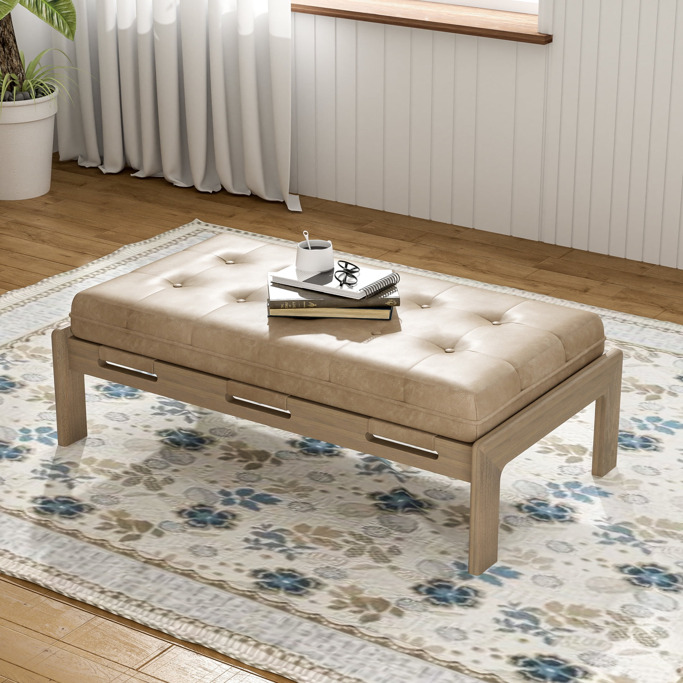 Taupe Brown Faux Leather Tufted Cocktail Ottoman with Rubberwood Base