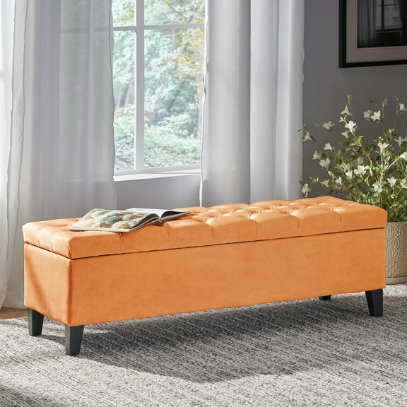 Christopher Knight Home Modern 52" Velvet Storage Ottoman Bench, Button Tufted, Orange