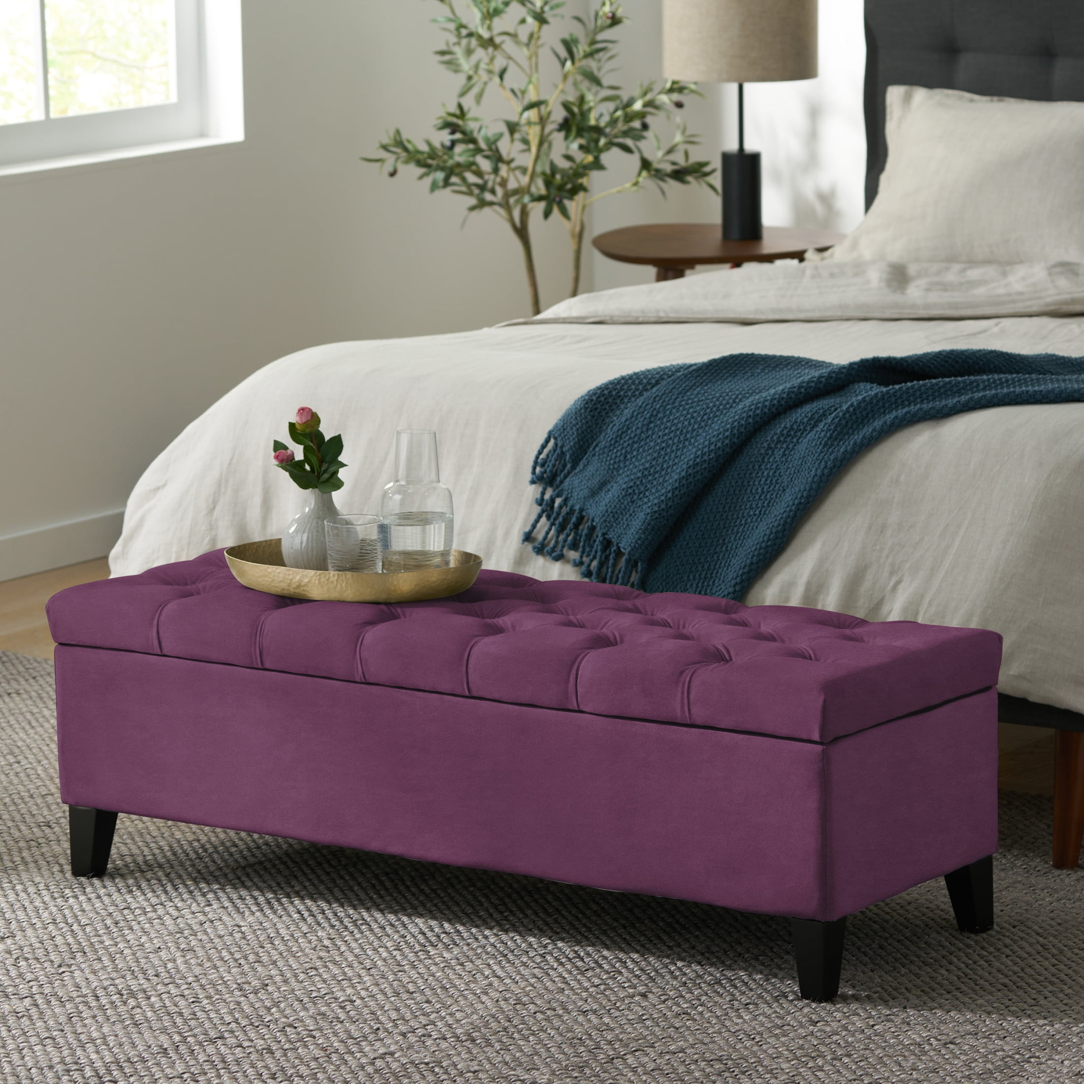 Modern 52" Velvet Storage Ottoman Bench, Button Tufted