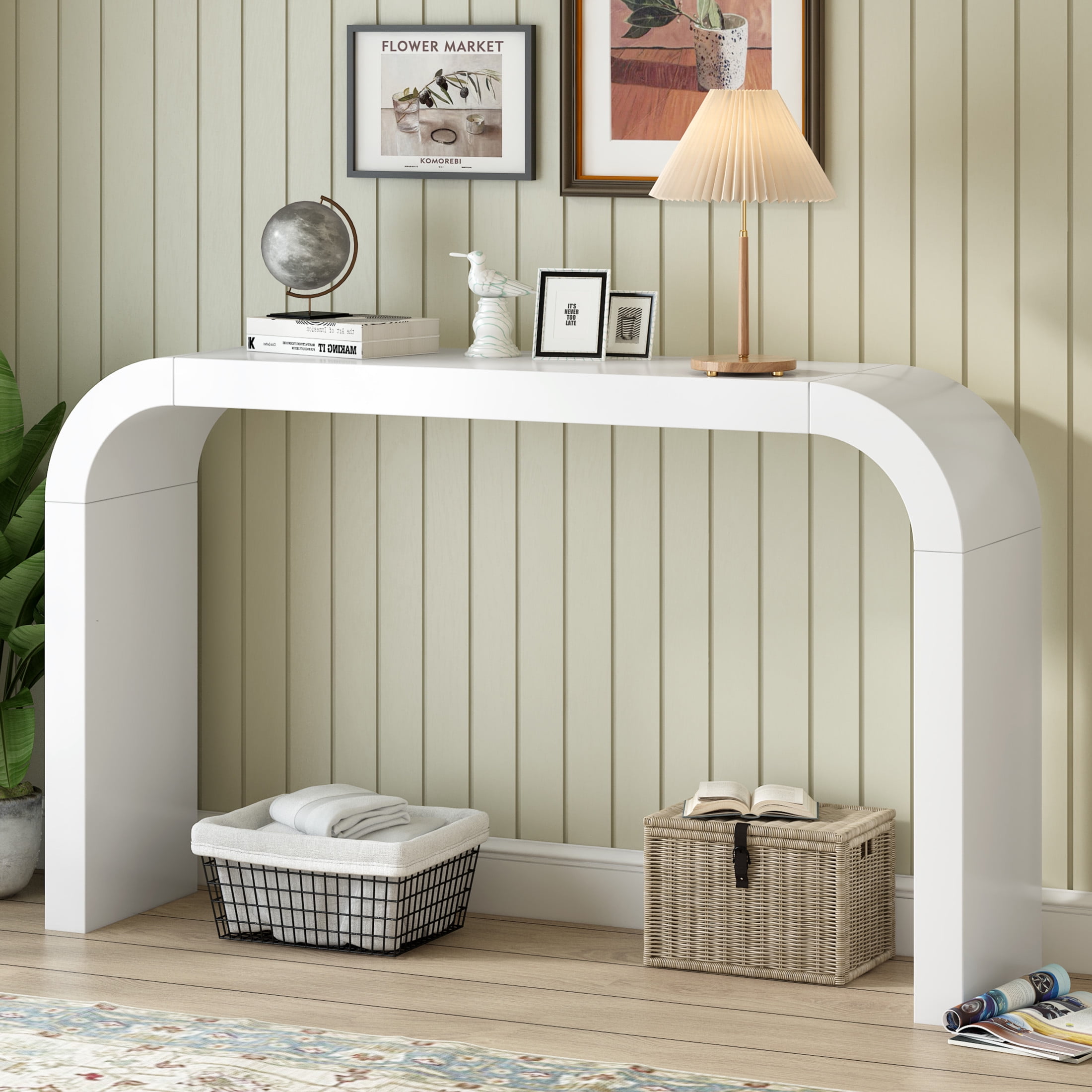 Christopher Knight Home Modern 52" Curved Console Table, Wood Entryway Table for Hallway, Cream White