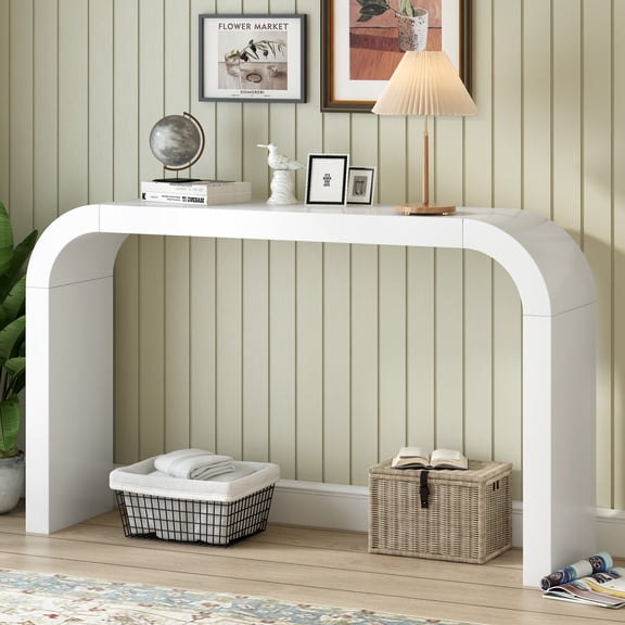 Christopher Knight Home Modern 52" Curved Console Table, Wood Entryway Table for Hallway, Cream White