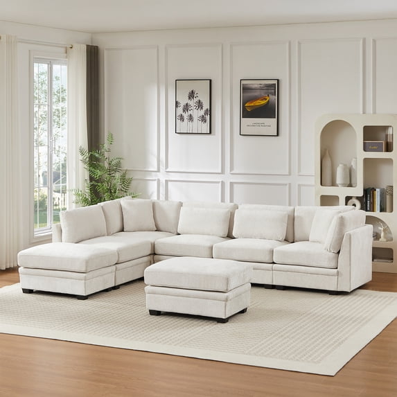Christopher Knight Home Modern 7-Piece Modular Sectional Sofa with 2 Ottomans and Pillow Back, Beige