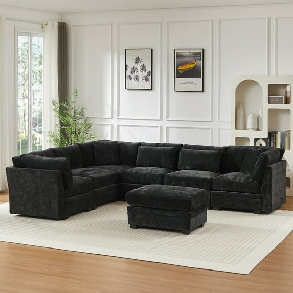 Christopher Knight Home Modern 7-Piece Modular Sectional Sofa with Ottoman and Pillow Back, Black