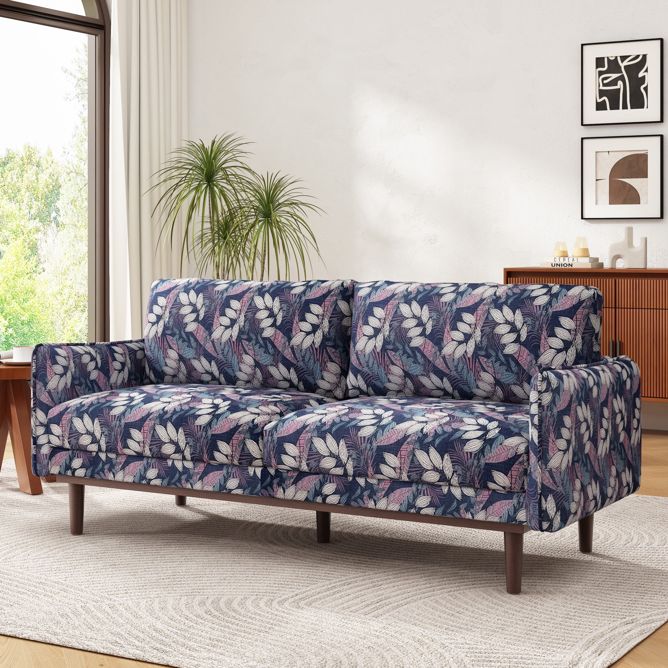 Christopher Knight Home Modern 75.75" Loveseat Sofa, Chenille Couch with Cushion and Wooden Legs, Blue Floral