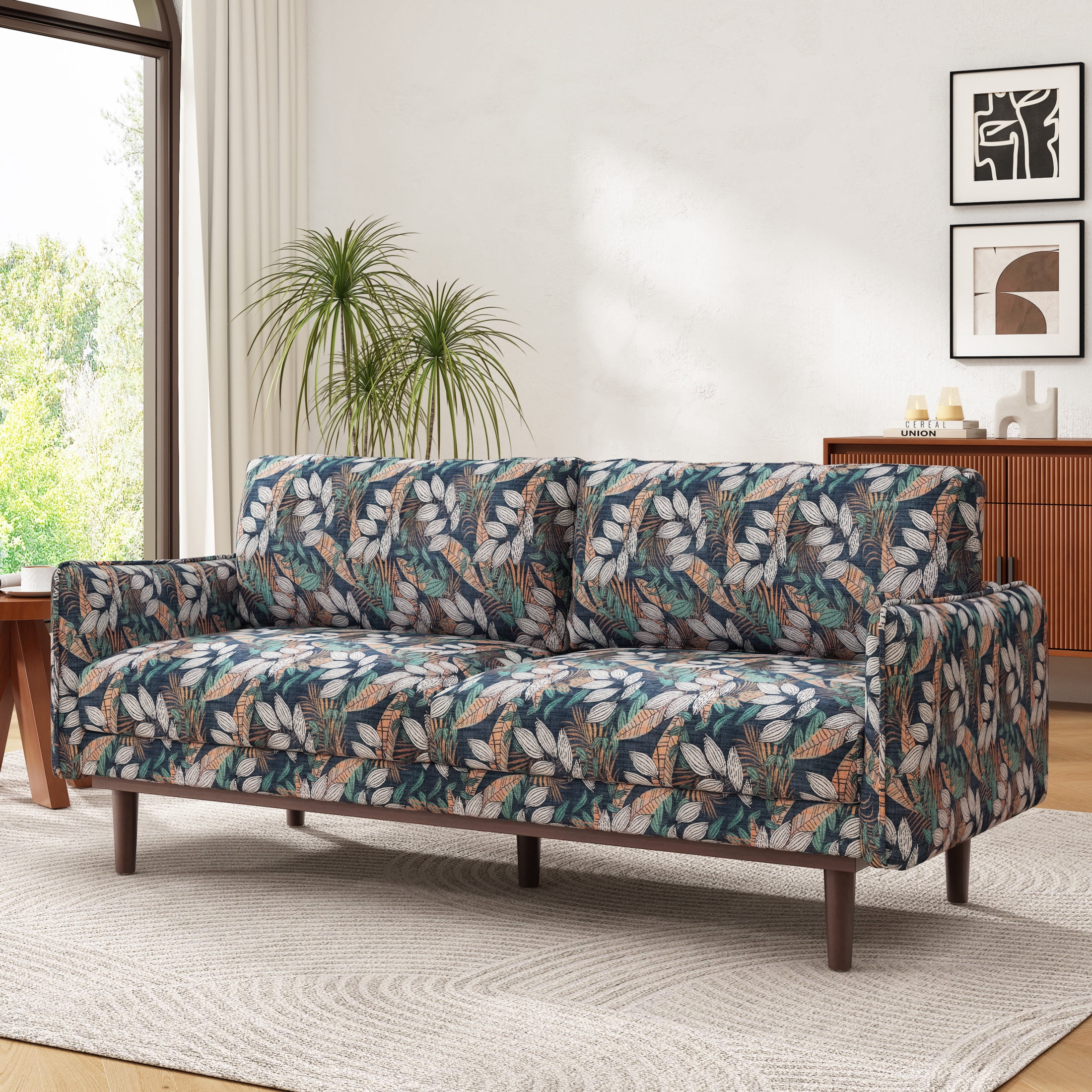 Christopher Knight Home Modern 75.75" Loveseat Sofa, Chenille Couch with Cushion and Wooden Legs, Green Floral