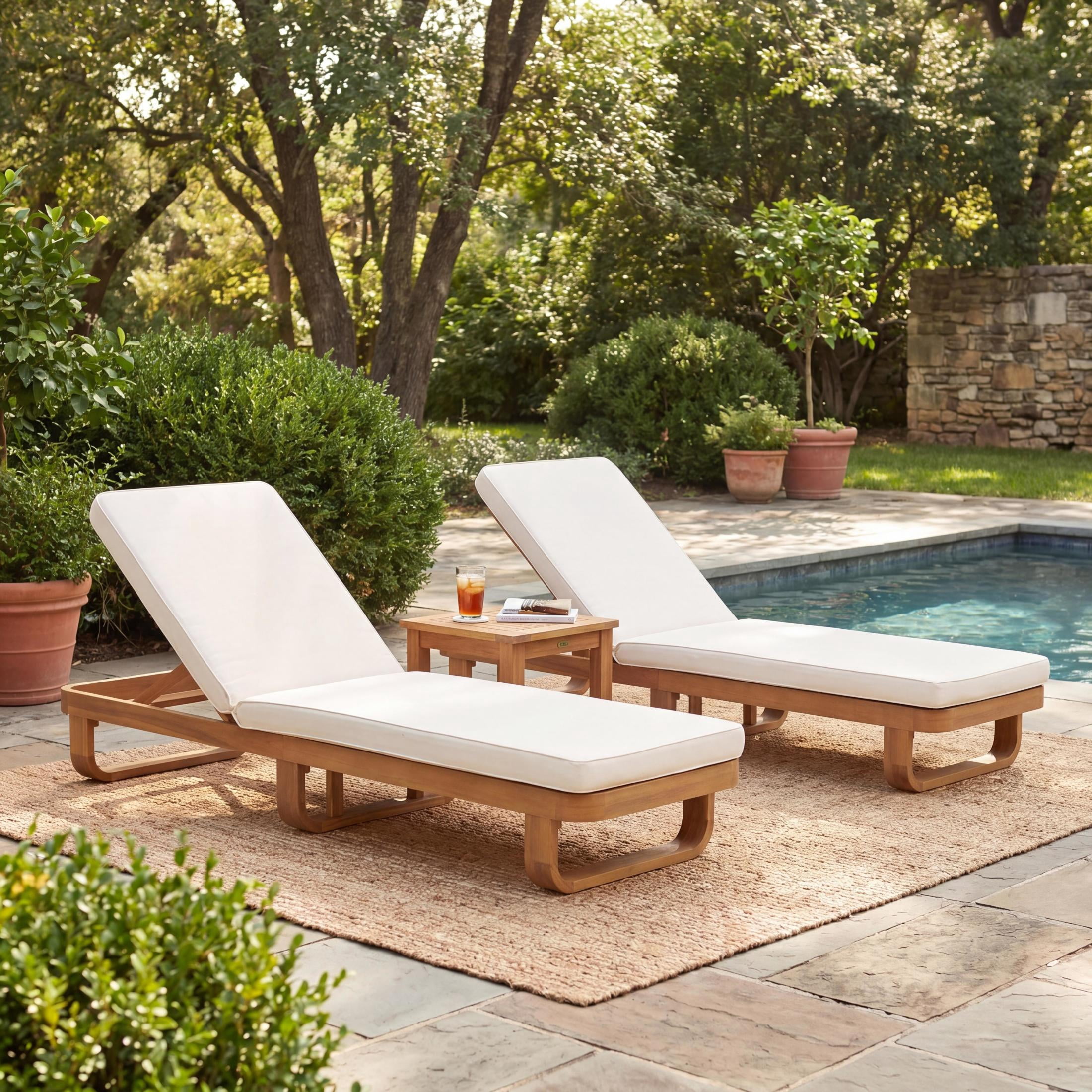 Christopher Knight Home Modern Acacia Wood Outdoor Chaise Lounge with Adjustable Backrest, Beige Cushion, Natural, Set of 2