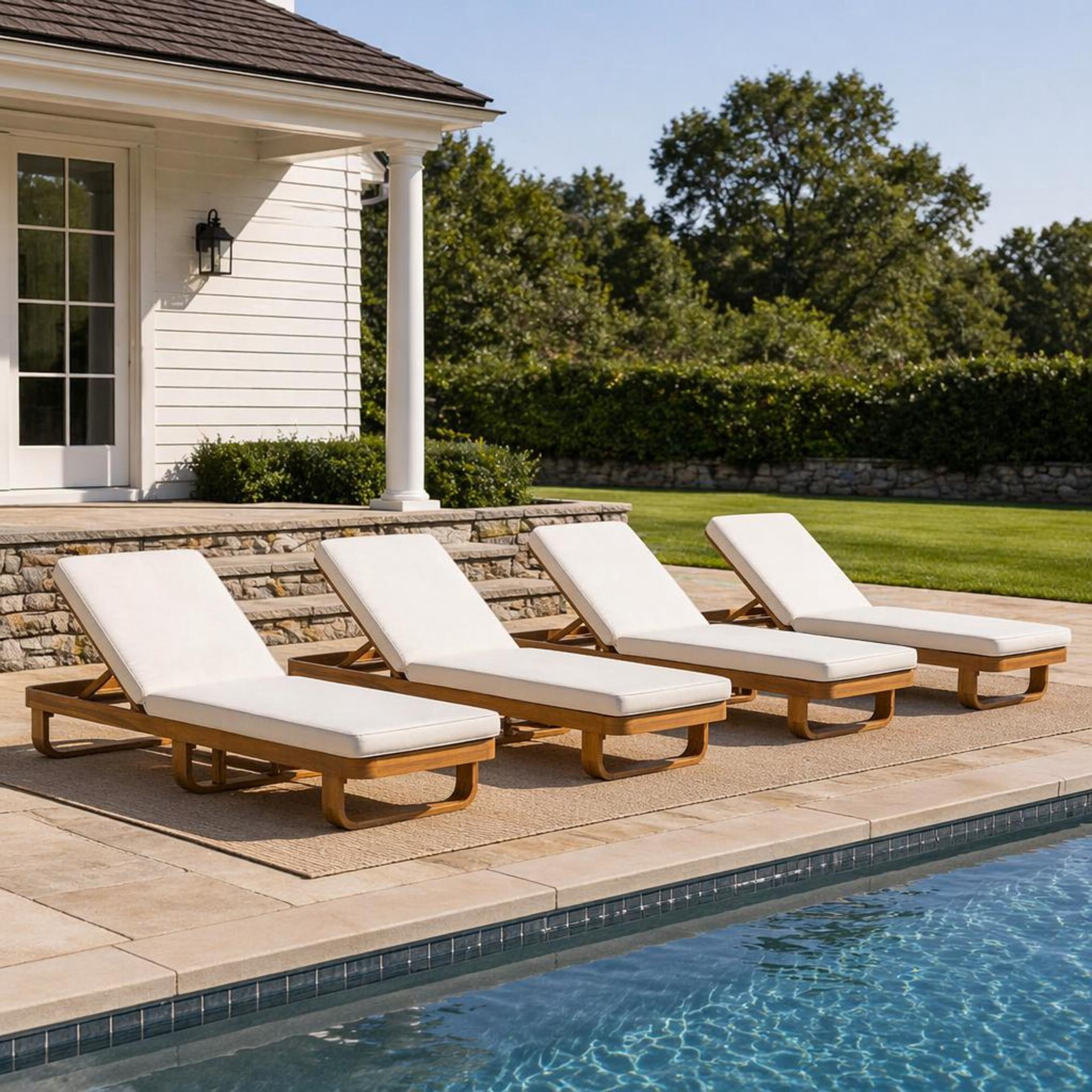 Christopher Knight Home Modern Acacia Wood Outdoor Chaise Lounge with Adjustable Backrest, Beige Cushion, Natural, Set of 4