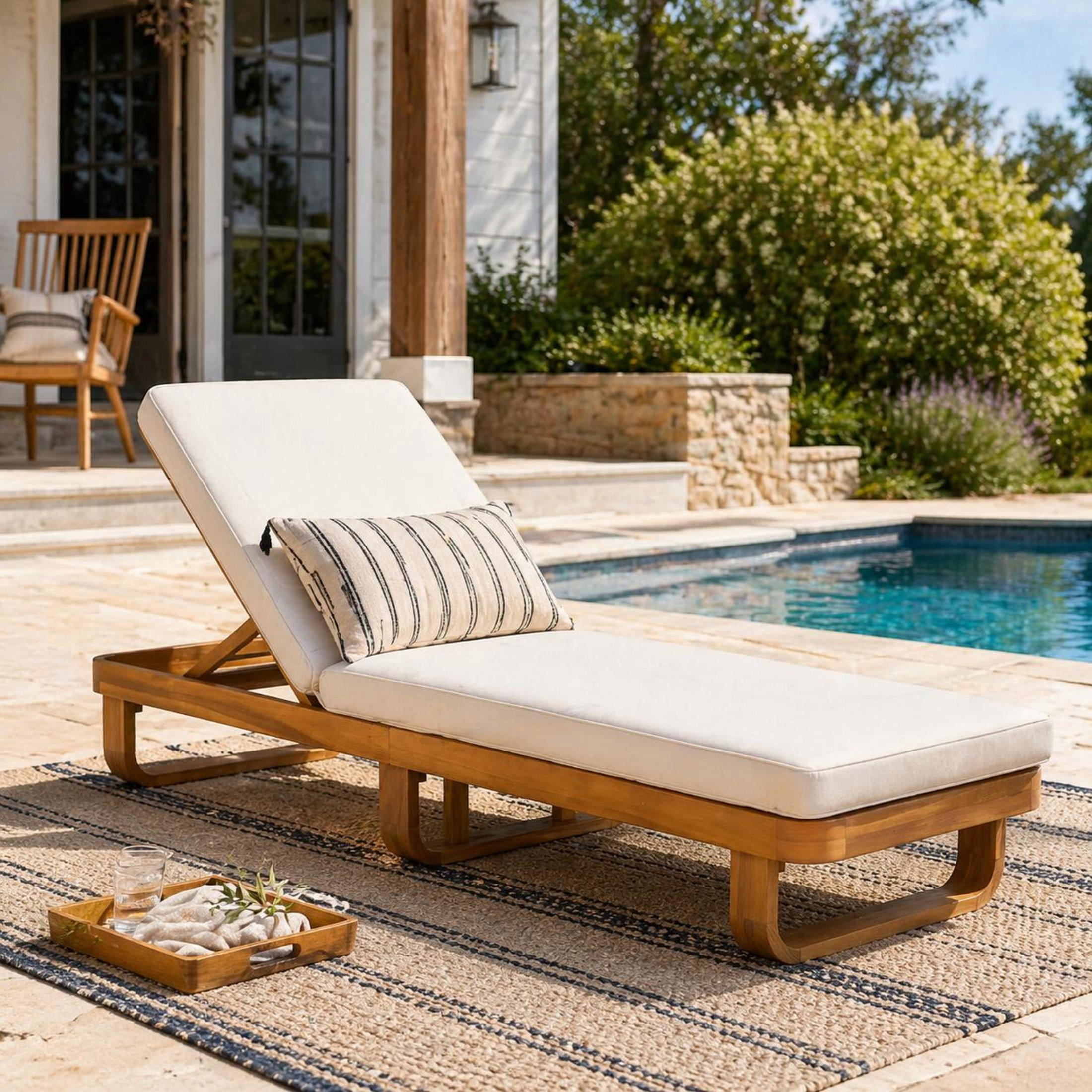 Christopher Knight Home Modern Acacia Wood Outdoor Chaise Lounge with Adjustable Backrest, Beige Cushion, Natural