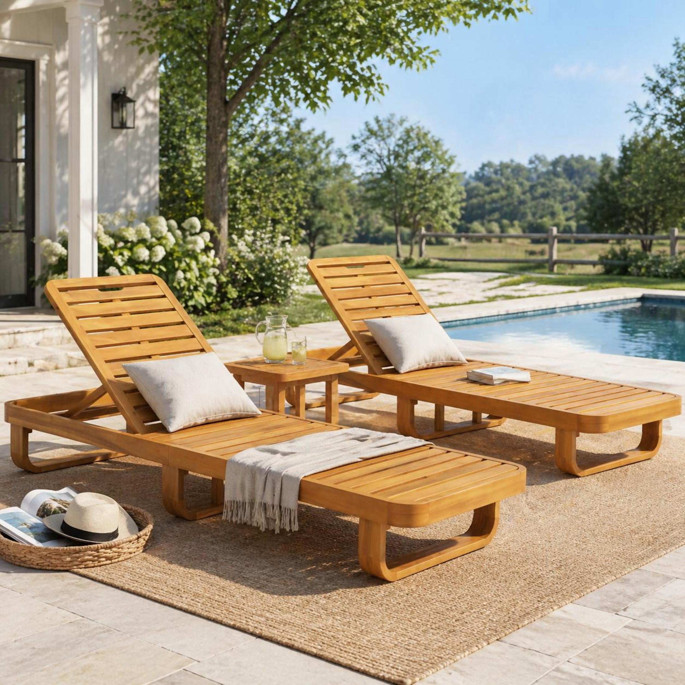 Christopher Knight Home Modern Acacia Wood Outdoor Chaise Lounge with Adjustable Backrest, Natural, Set of 2