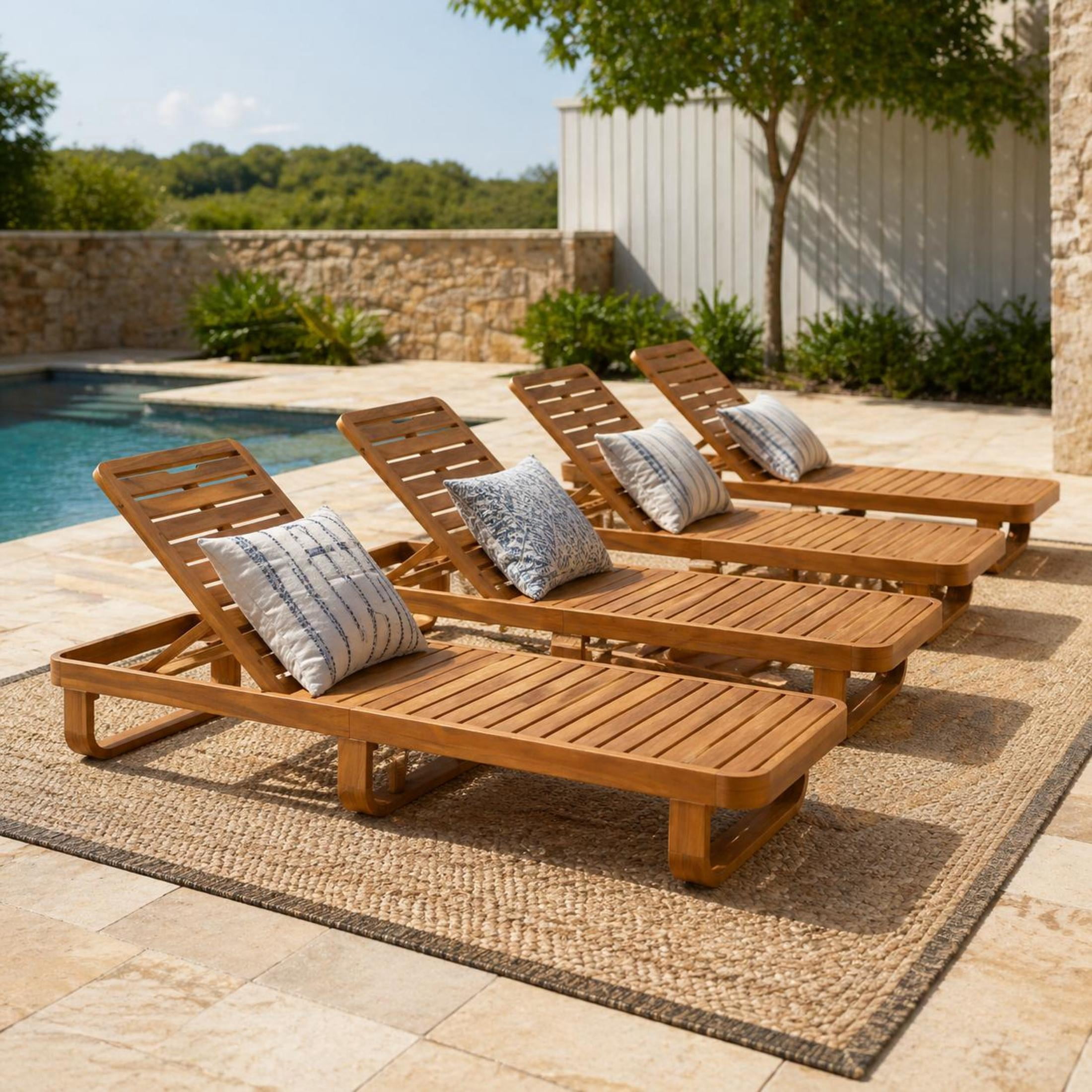 Christopher Knight Home Modern Acacia Wood Outdoor Chaise Lounge with Adjustable Backrest, Natural, Set of 4