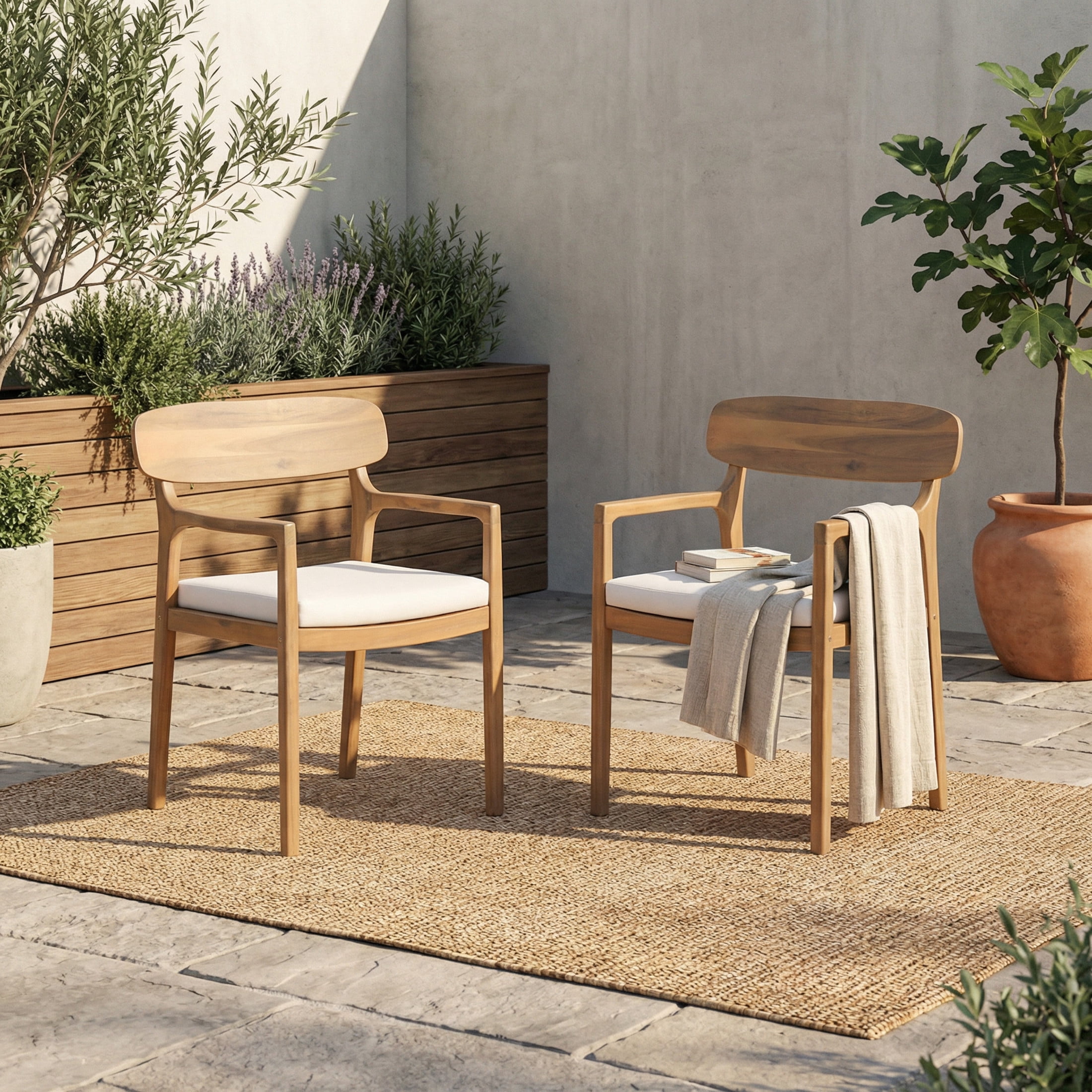 Christopher Knight Home Modern Acacia Wood Outdoor Dining Chairs with Cushions, Light Teak+Beige, Set of 2