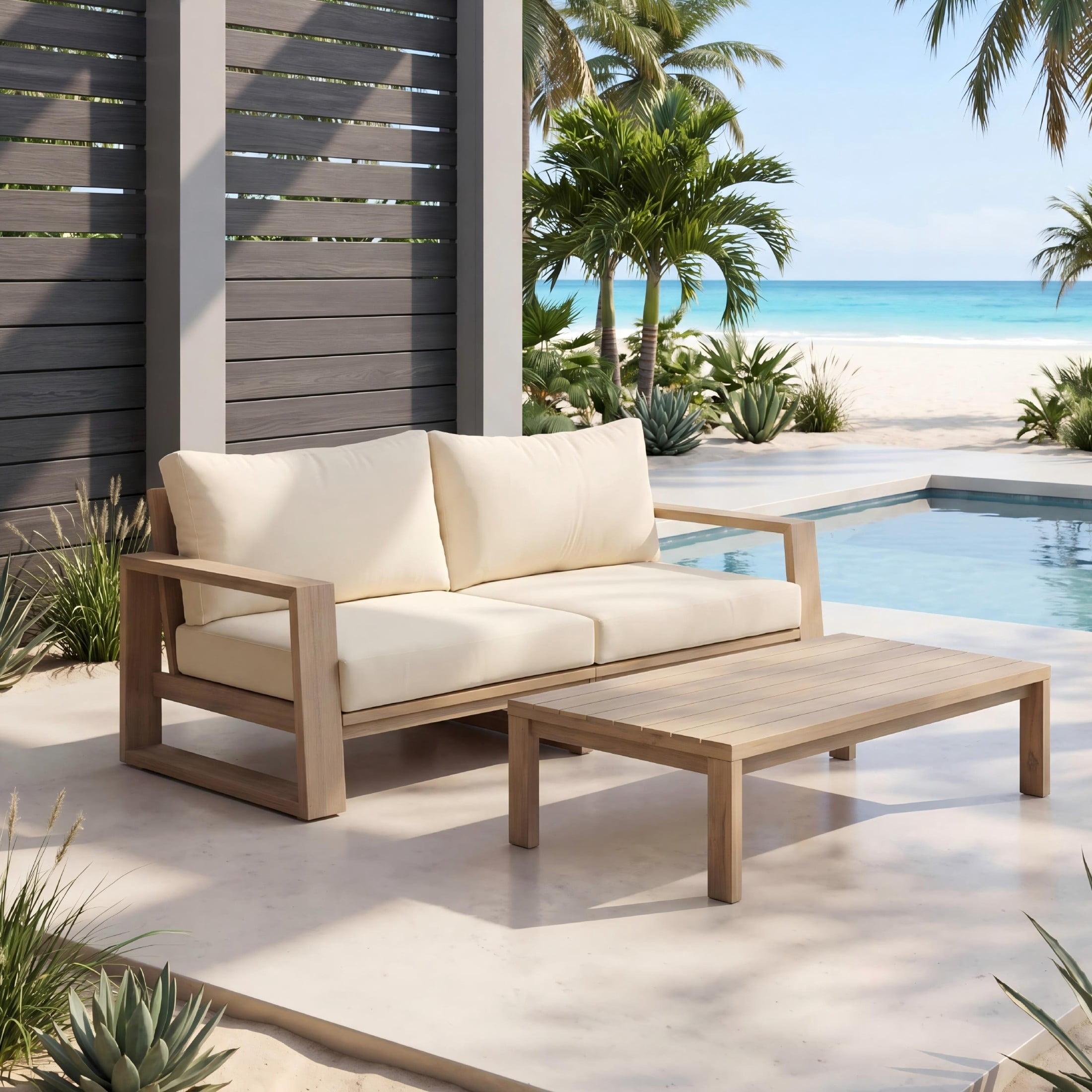 Christopher Knight Home Modern Acacia Wood Outdoor Loveseat & Coffee Table Set with Cushions, Light Teak+Cream