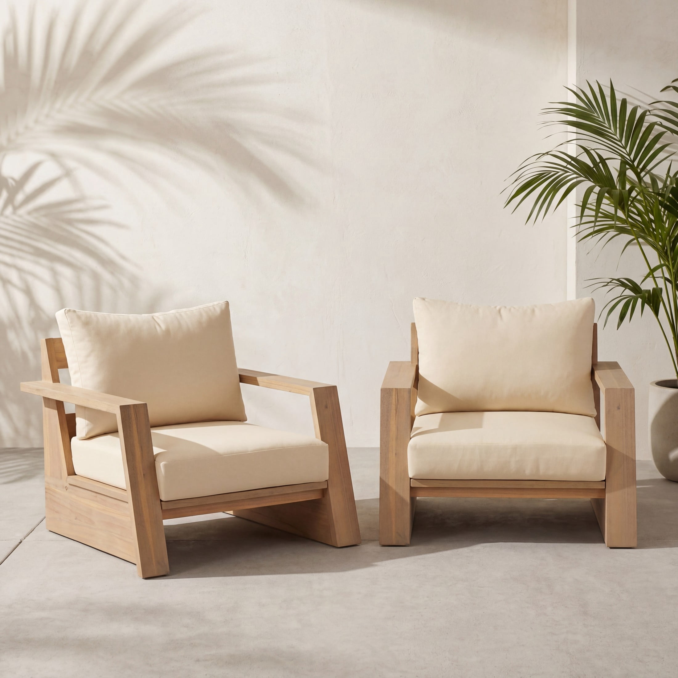 Christopher Knight Home Modern Acacia Wood Outdoor Patio Club Chair with Cushions, Light Teak+Cream, Set of 2