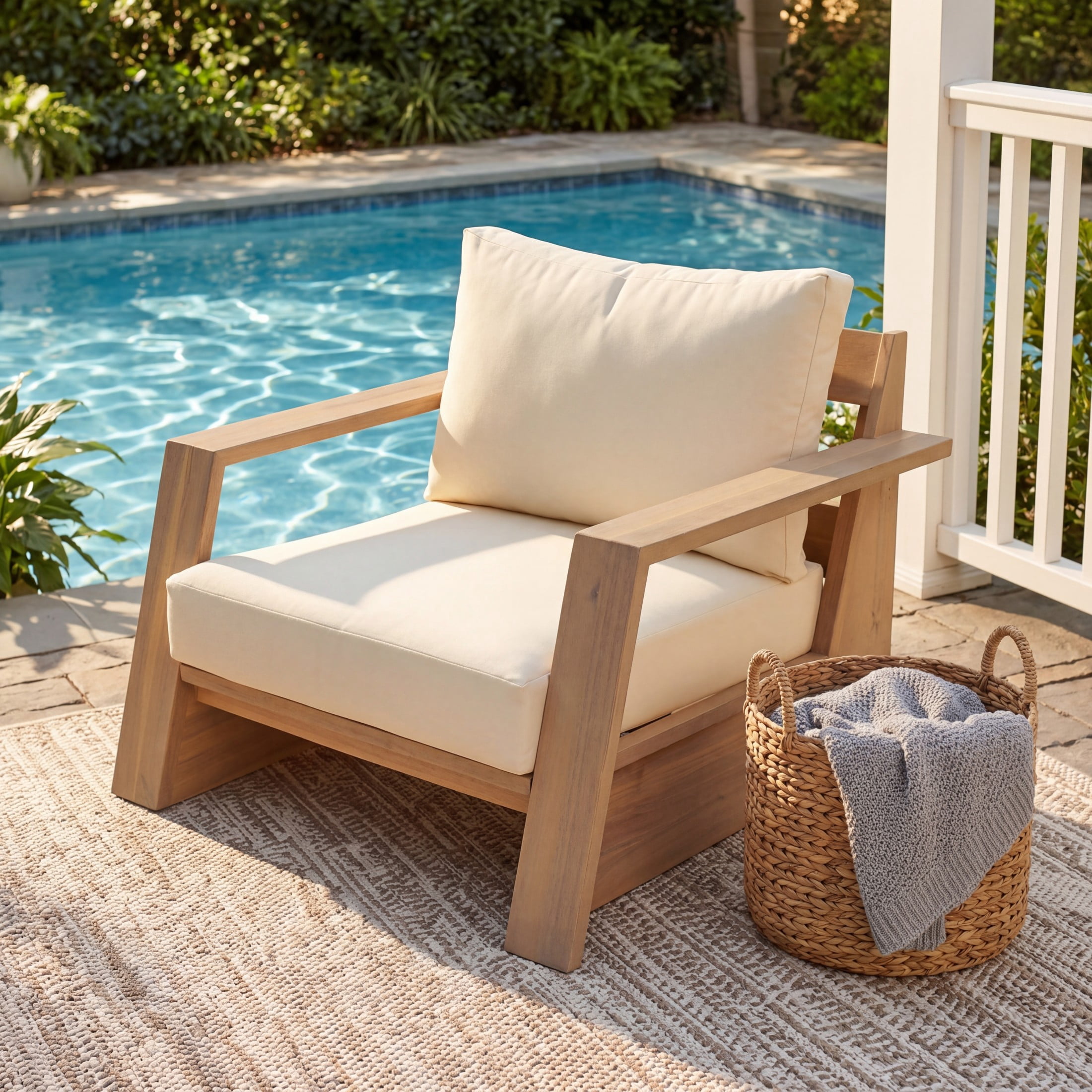 Christopher Knight Home Modern Acacia Wood Outdoor Patio Club Chair with Cushions, Light Teak+Cream
