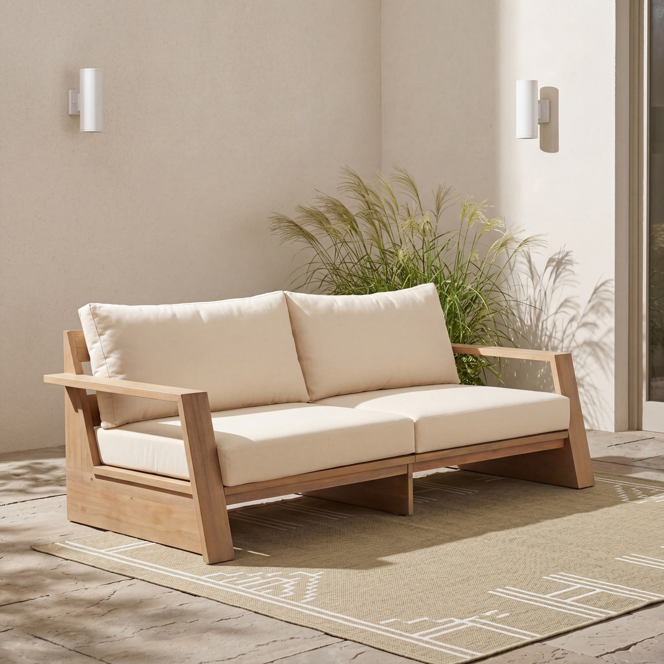 Christopher Knight Home Modern Acacia Wood Outdoor Patio Loveseat with Cushions, Light Teak+Cream