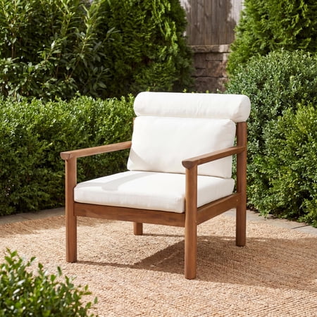 Christopher Knight Home Modern Acacia Wood Patio Chair with Beige Bolster Pillow and Cushions, Teak