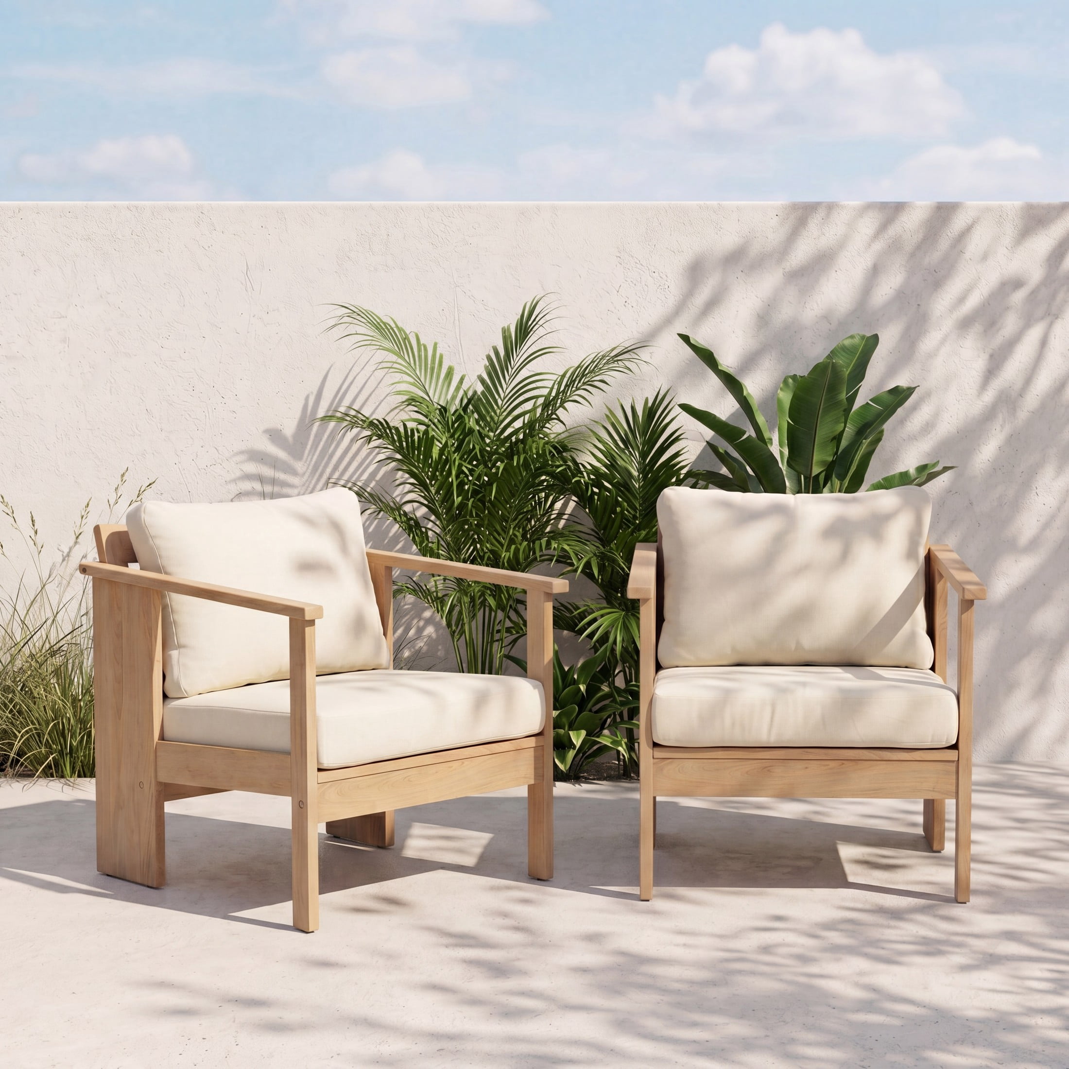 Christopher Knight Home Modern Acacia Wood Patio Club Chair with Cream Cushions, Light Teak Finish, Set of 2