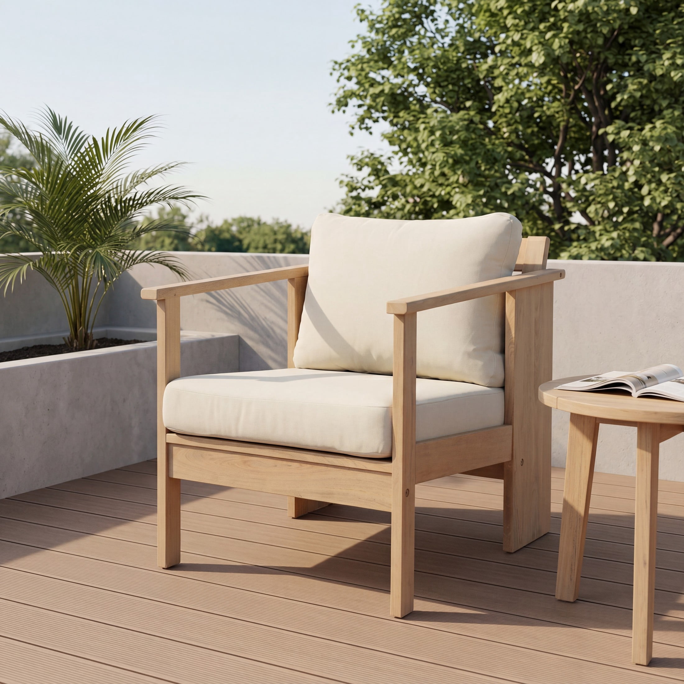 Christopher Knight Home Modern Acacia Wood Patio Club Chair with Cream Cushions, Light Teak Finish
