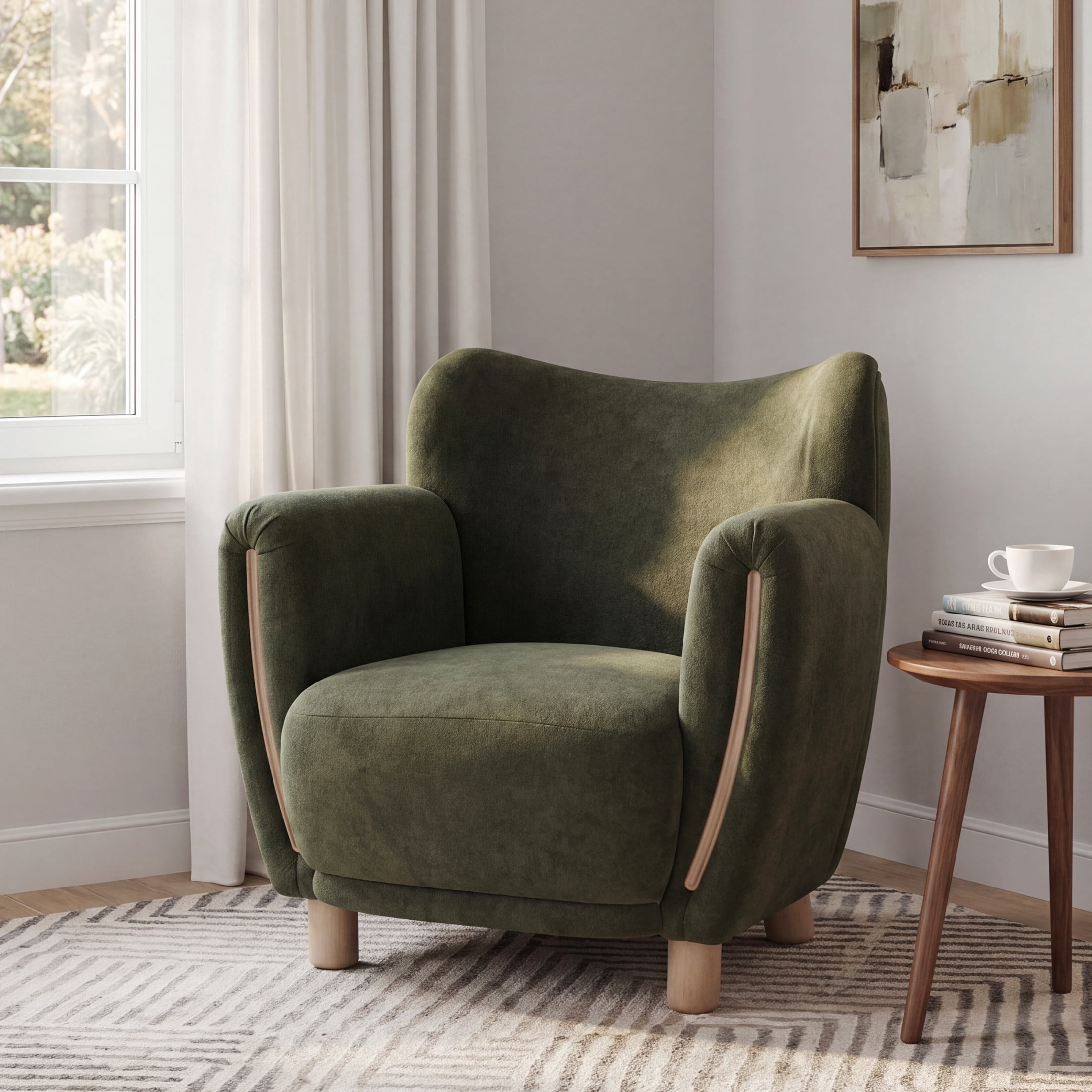 Christopher Knight Home Modern Accent Armchair with Velvet Upholstered, Solid Wood Legs, Olive Green