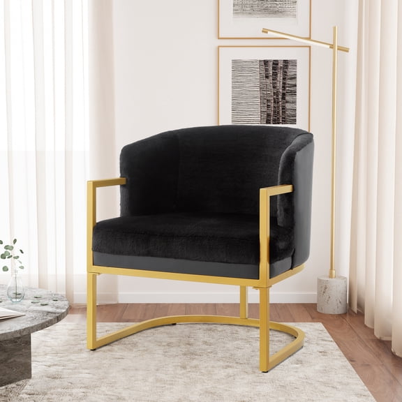 Christopher Knight Home Modern Accent Chair with Gold Metal Frame, Faux Rabbit Fur Upholstery, Black
