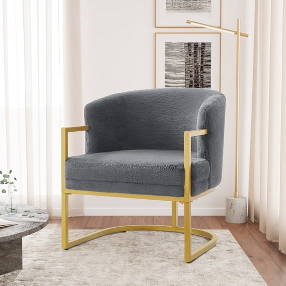 Christopher Knight Home Modern Accent Chair with Gold Metal Frame, Faux Rabbit Fur Upholstery, Gray