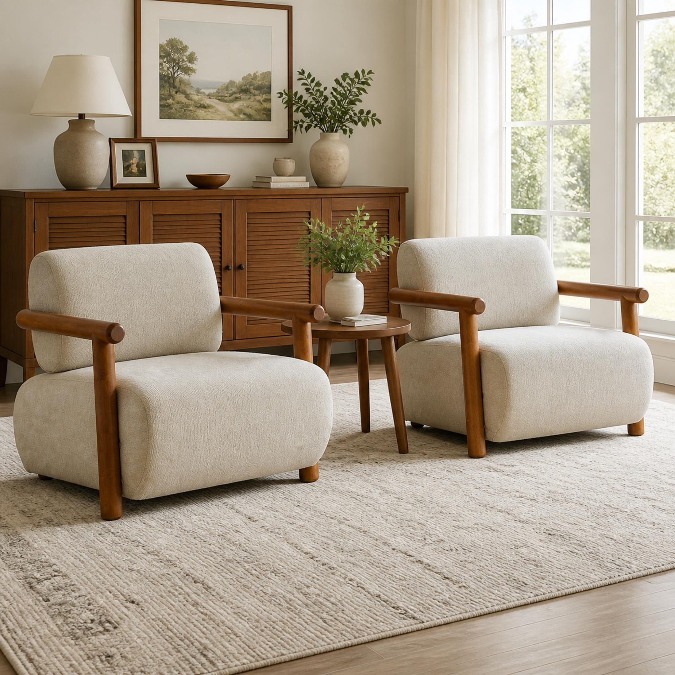 Christopher Knight Home Modern Accent Lounge Chair, Chenille Upholstery with Solid Wood Arms, Almond, Set of 2