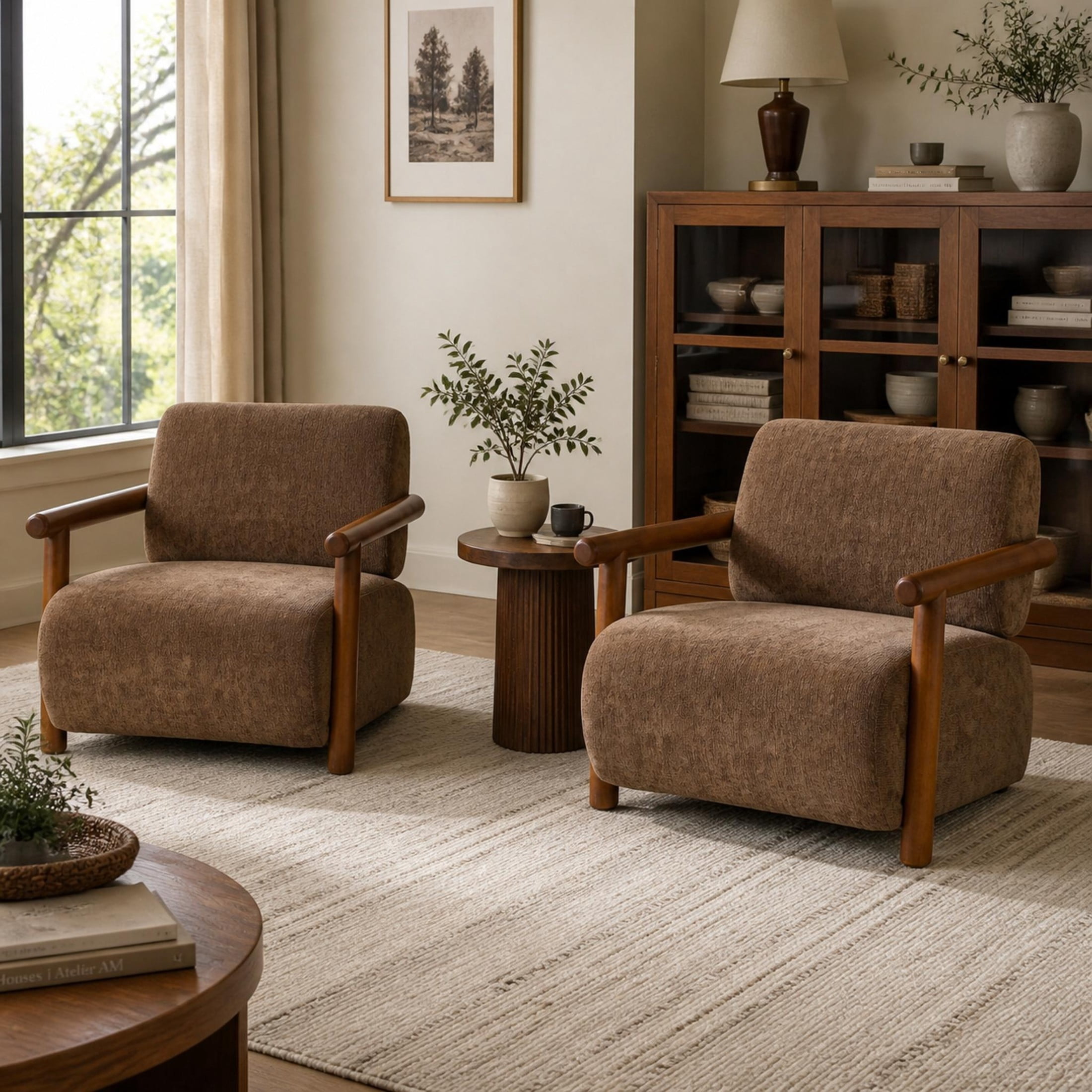 Christopher Knight Home Modern Accent Lounge Chair, Chenille Upholstery with Solid Wood Arms, Brown, Set of 2