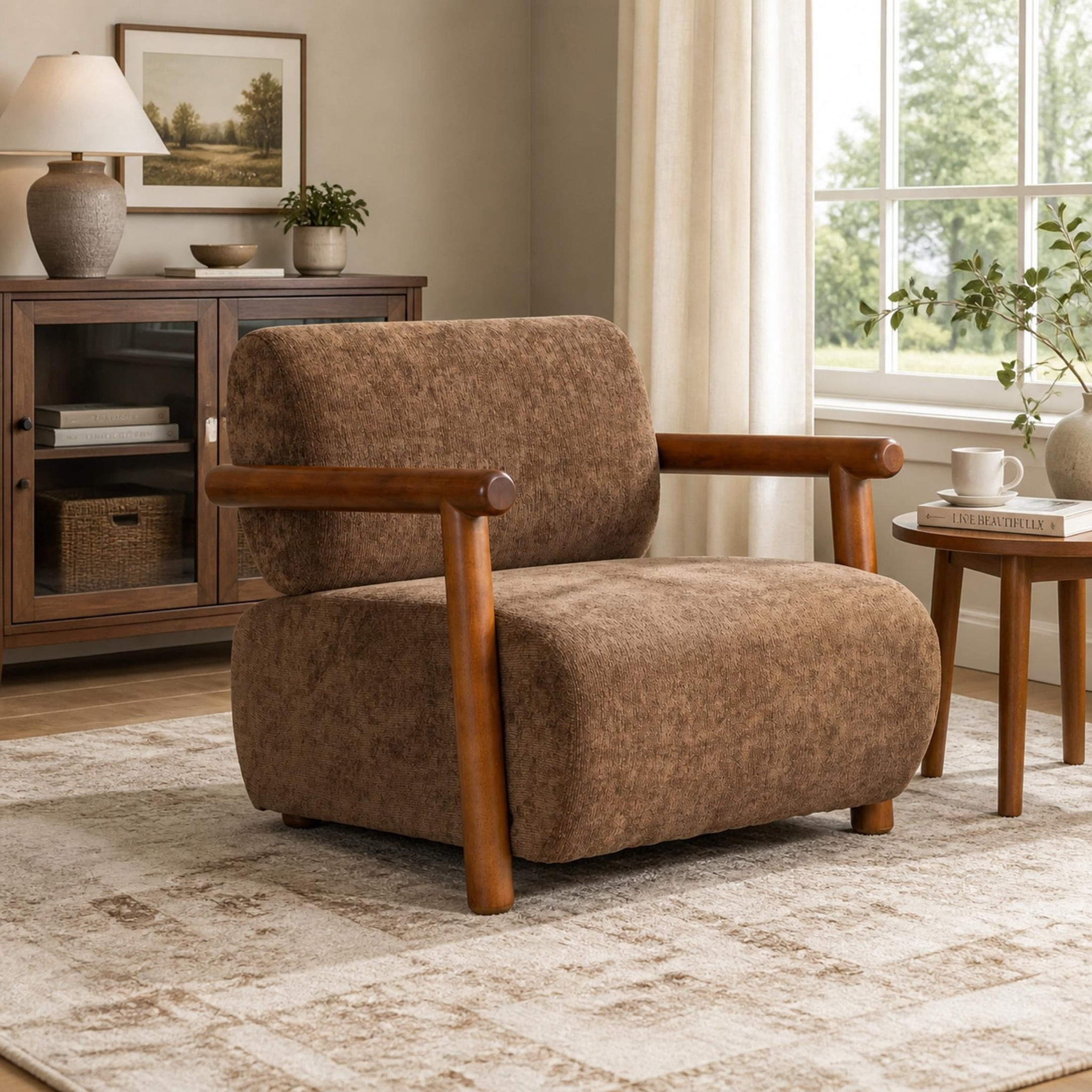 Christopher Knight Home Modern Accent Lounge Chair, Chenille Upholstery with Solid Wood Arms, Brown