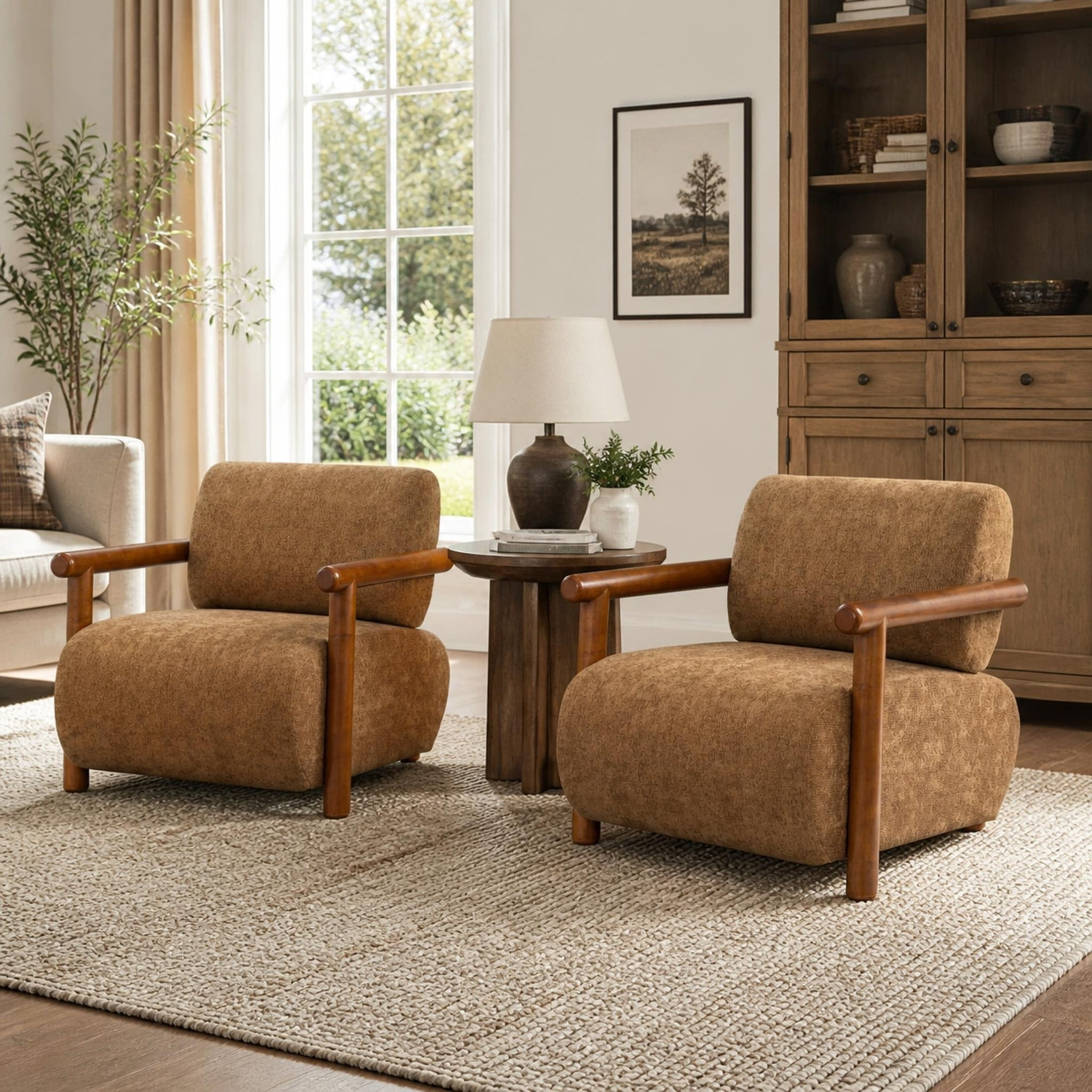 Christopher Knight Home Modern Accent Lounge Chair, Chenille Upholstery with Solid Wood Arms, Mocha, Set of 2
