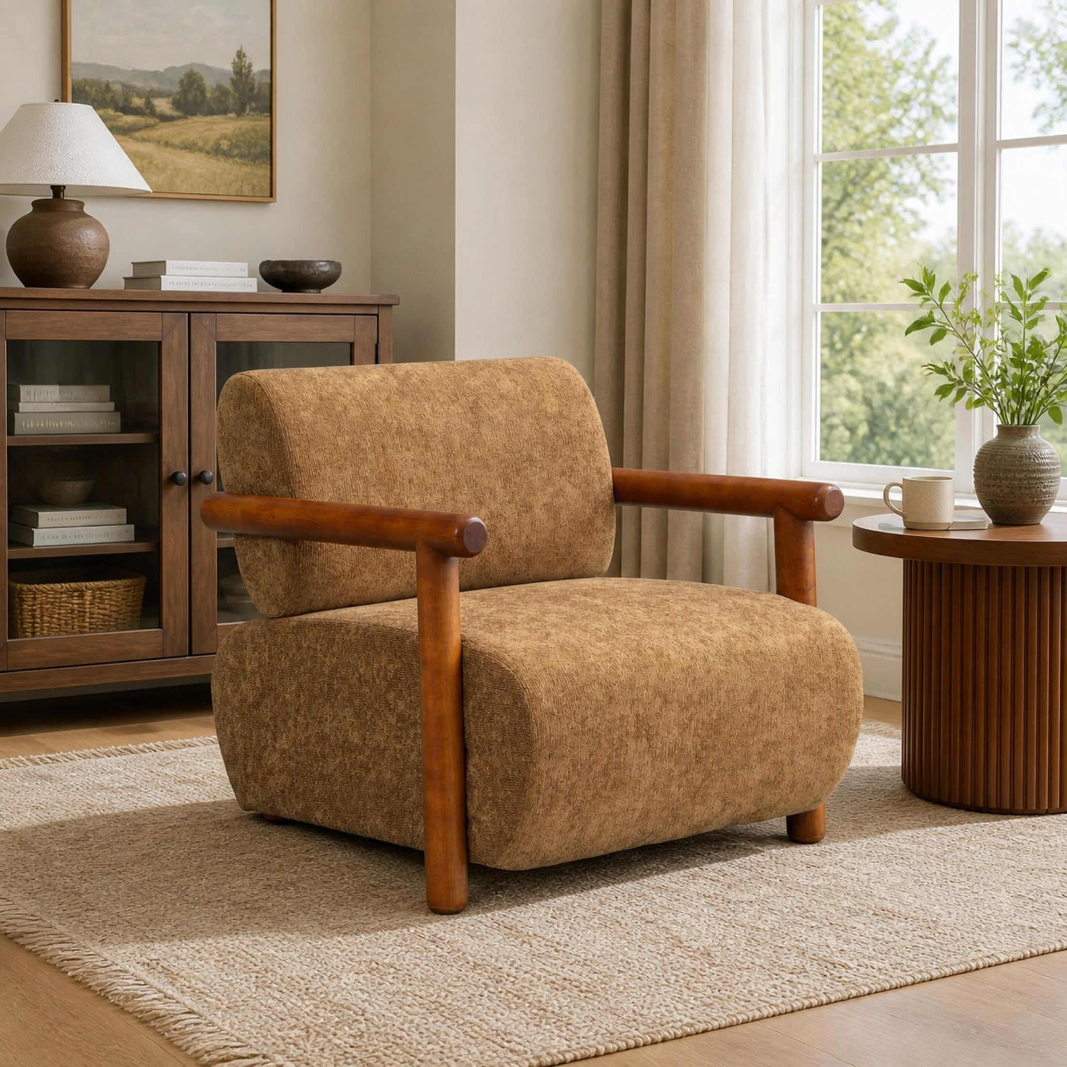 Christopher Knight Home Modern Accent Lounge Chair, Chenille Upholstery with Solid Wood Arms, Mocha