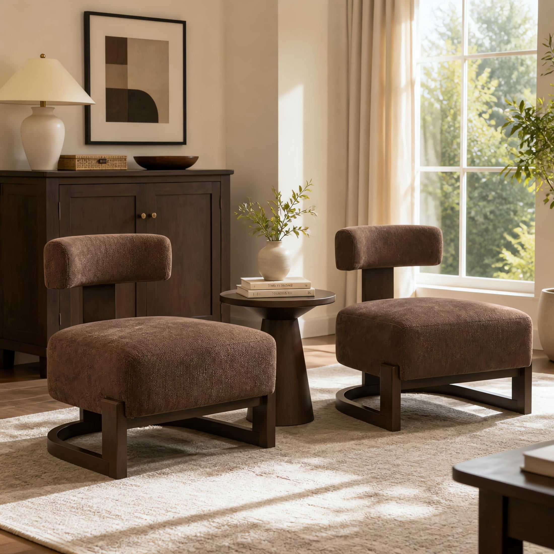 Christopher Knight Home Modern Armless Accent Lounge Chair, Curved Wood Base with Cushion, Brown, Set of 2