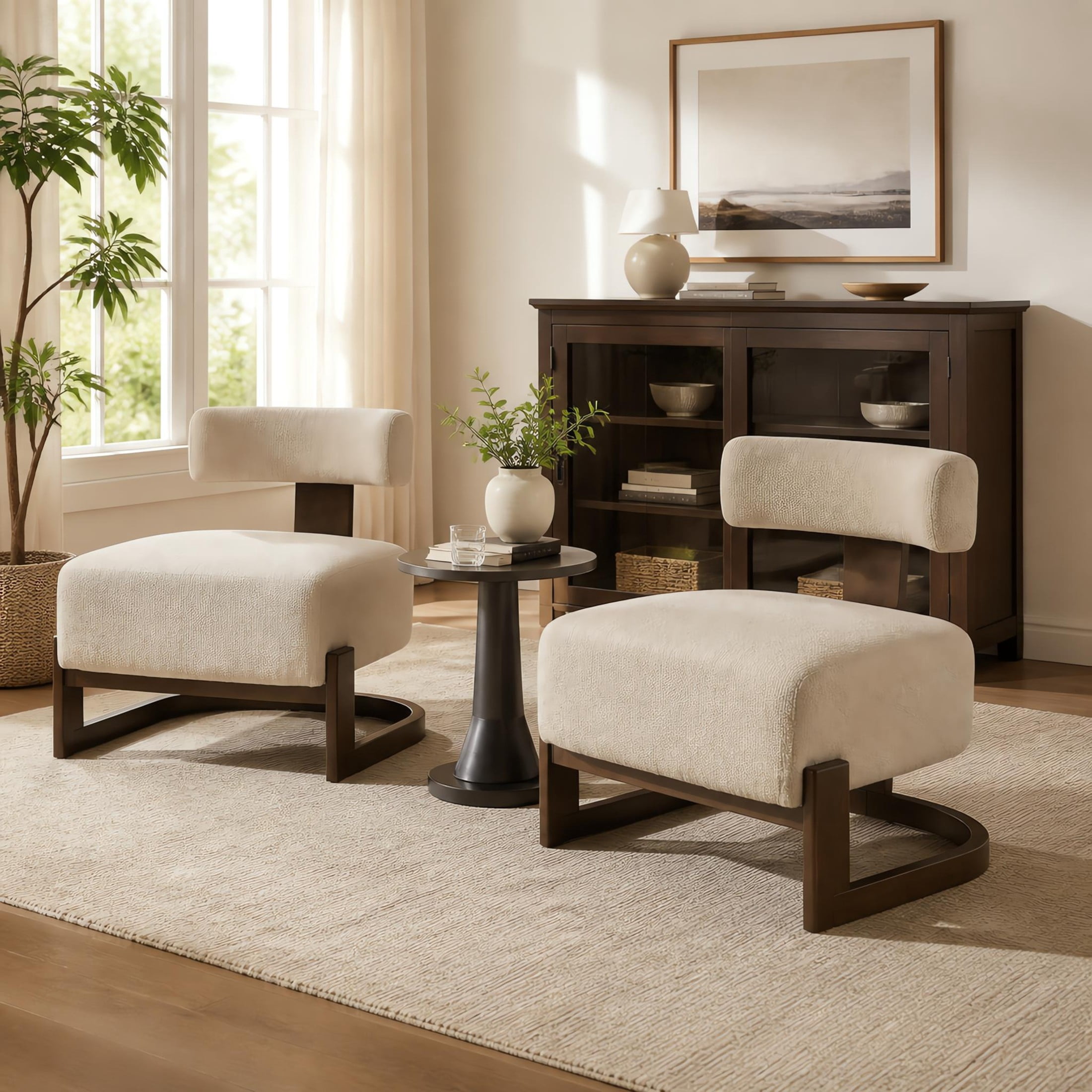Christopher Knight Home Modern Armless Accent Lounge Chair, Curved Wood Base with Cushion, Oatmeal, Set of 2