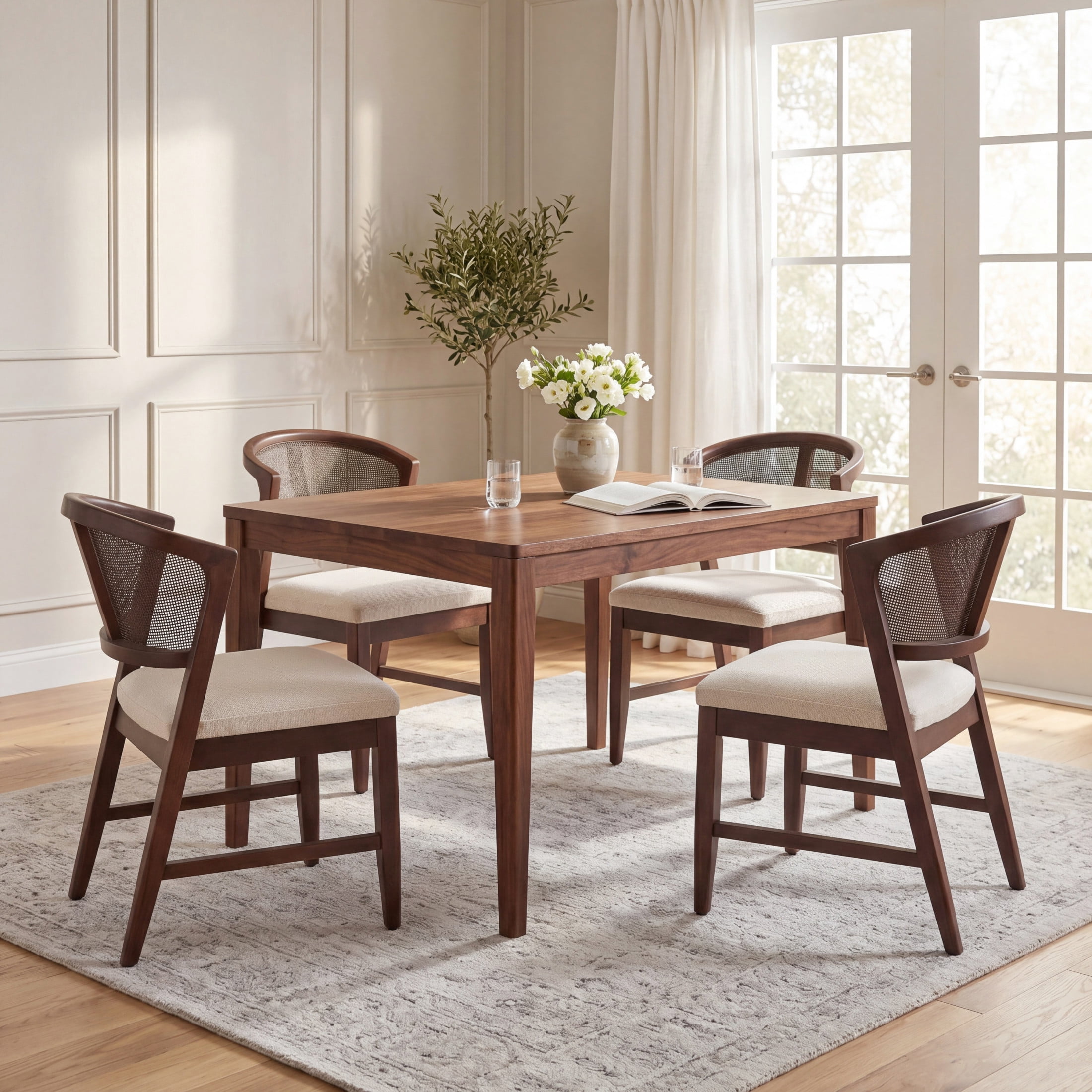 Christopher Knight Home Modern Armless Dining Chairs with Cane Back, Wood Frame, Walnut, Set of 4